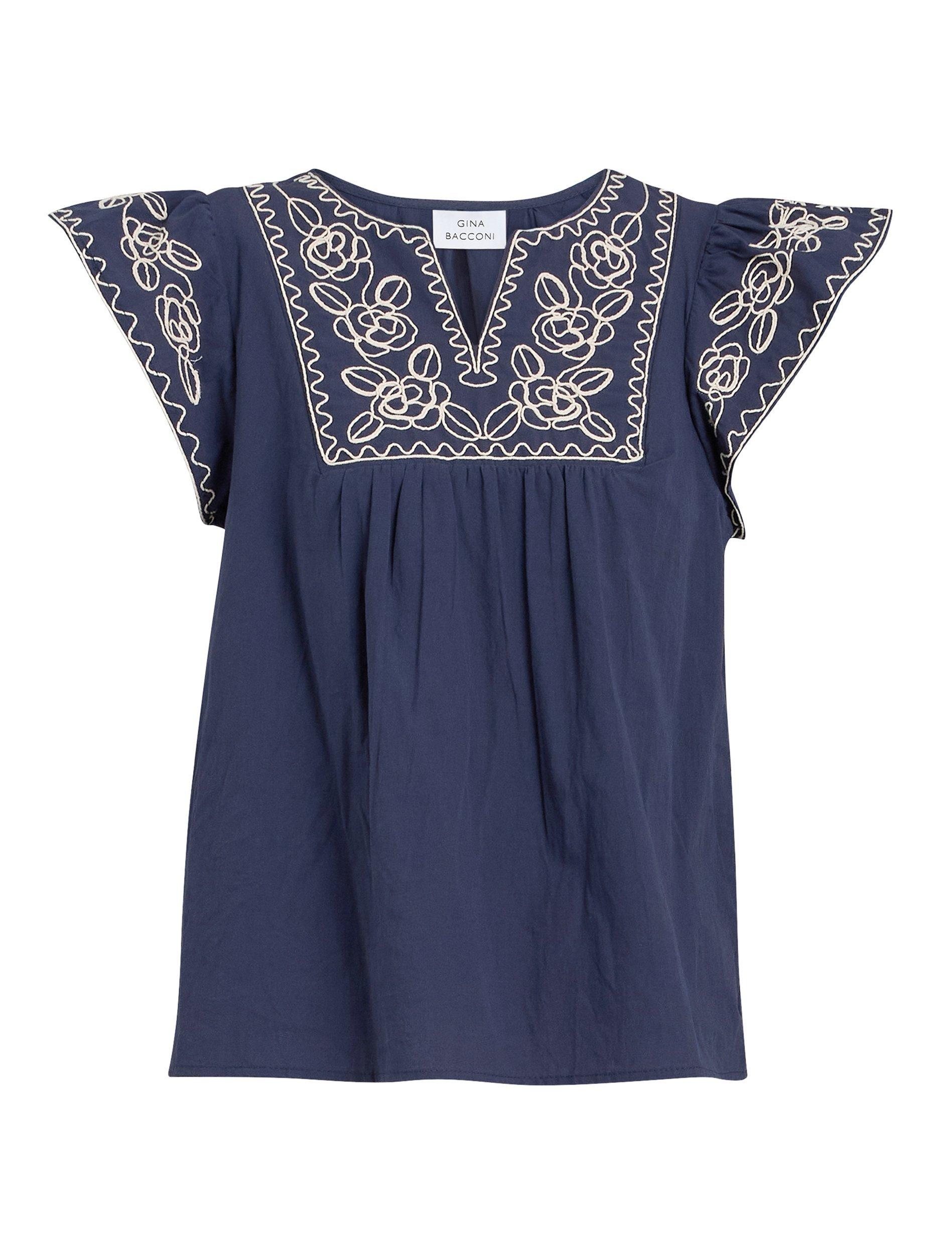 Product image 2 of 3, which shows Gina Bacconi Cressa Embroidered Flutter Sleeve Top, Navy, L-XL
