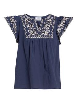 Gina Bacconi Cressa Embroidered Flutter Sleeve Top, Navy - view 2, Navy