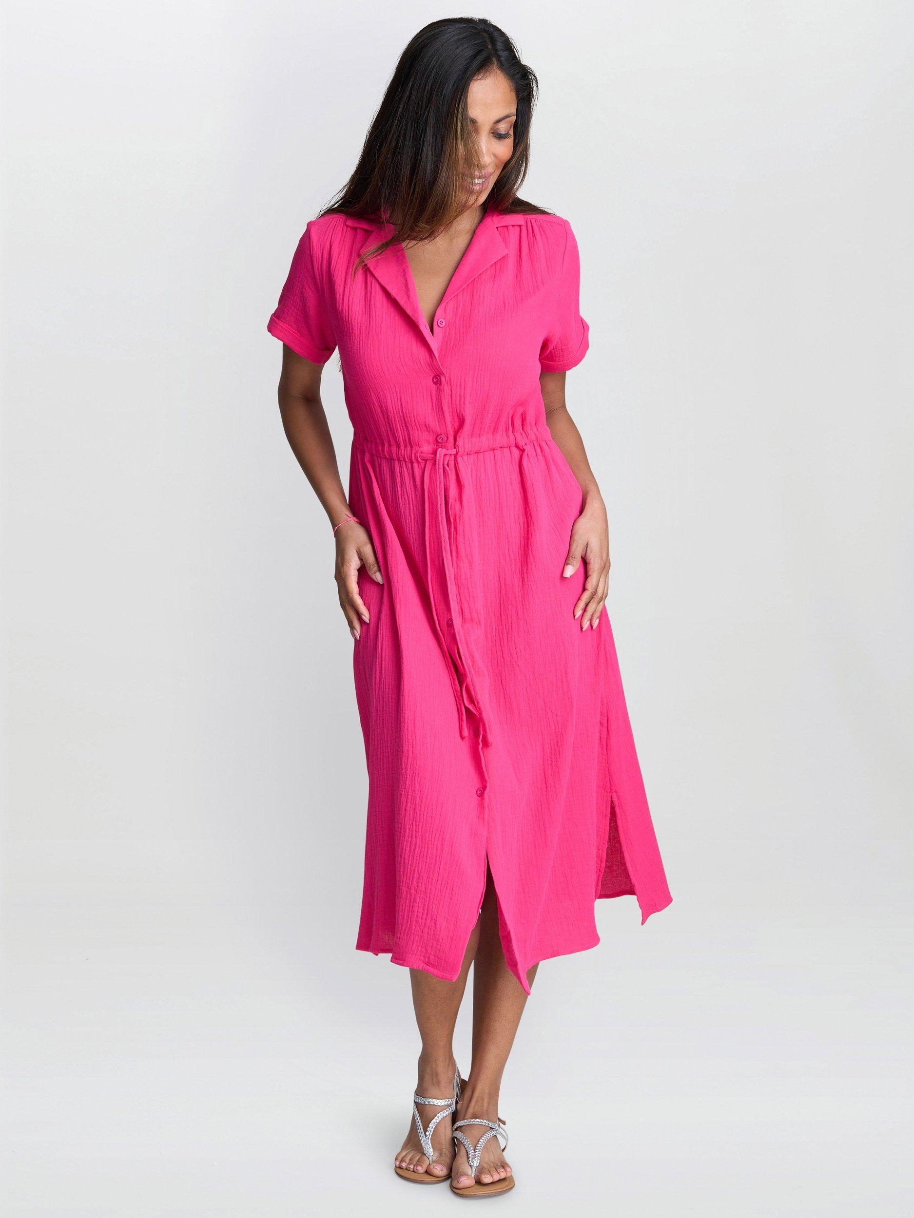 Gina Bacconi Dot Cotton Muslin Shirt Dress, Fuchsia