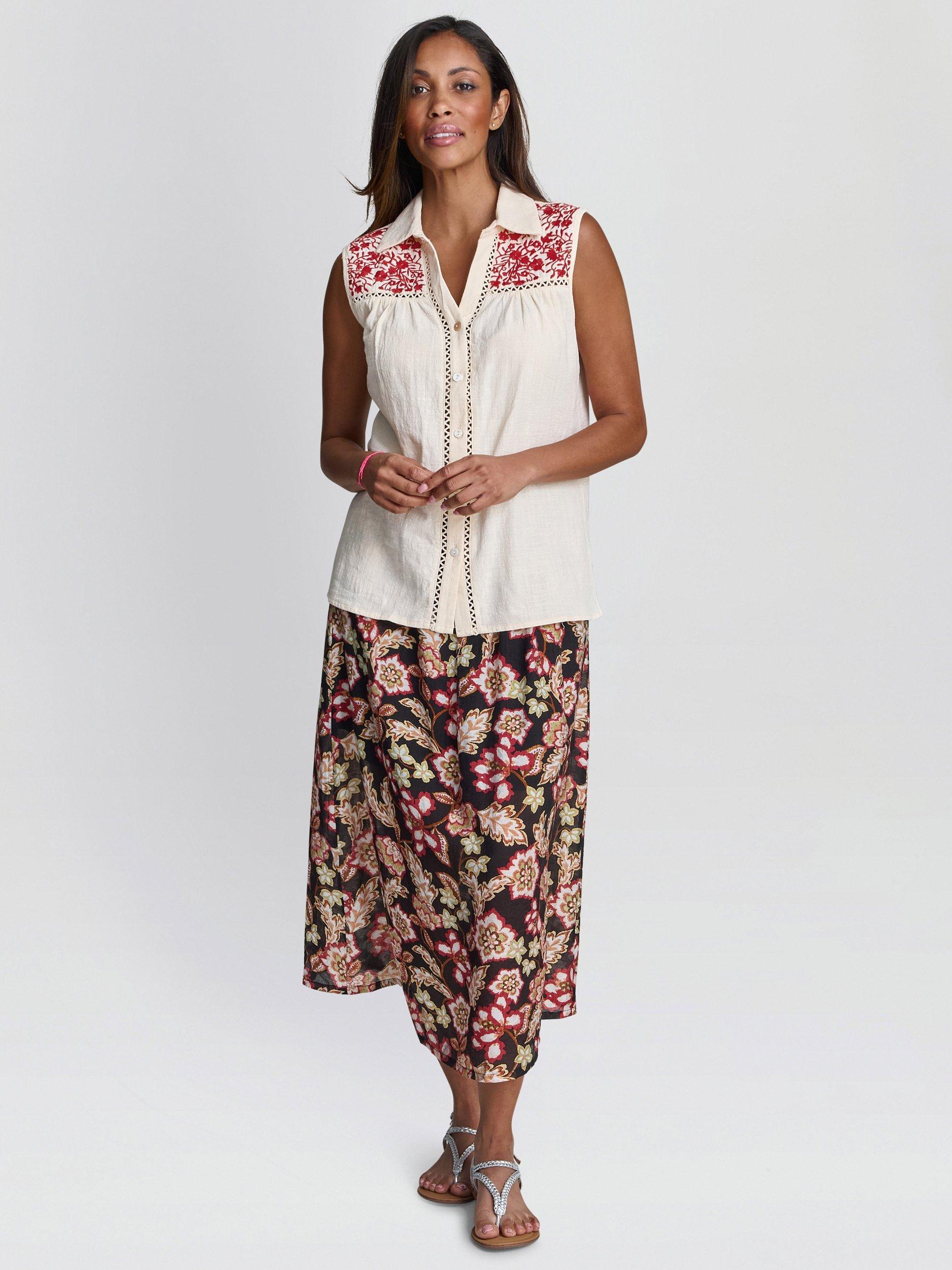 Product image 1 of 5, which shows Gina Bacconi Claude Embroidered Sleeveless Shirt, Beige, S-M