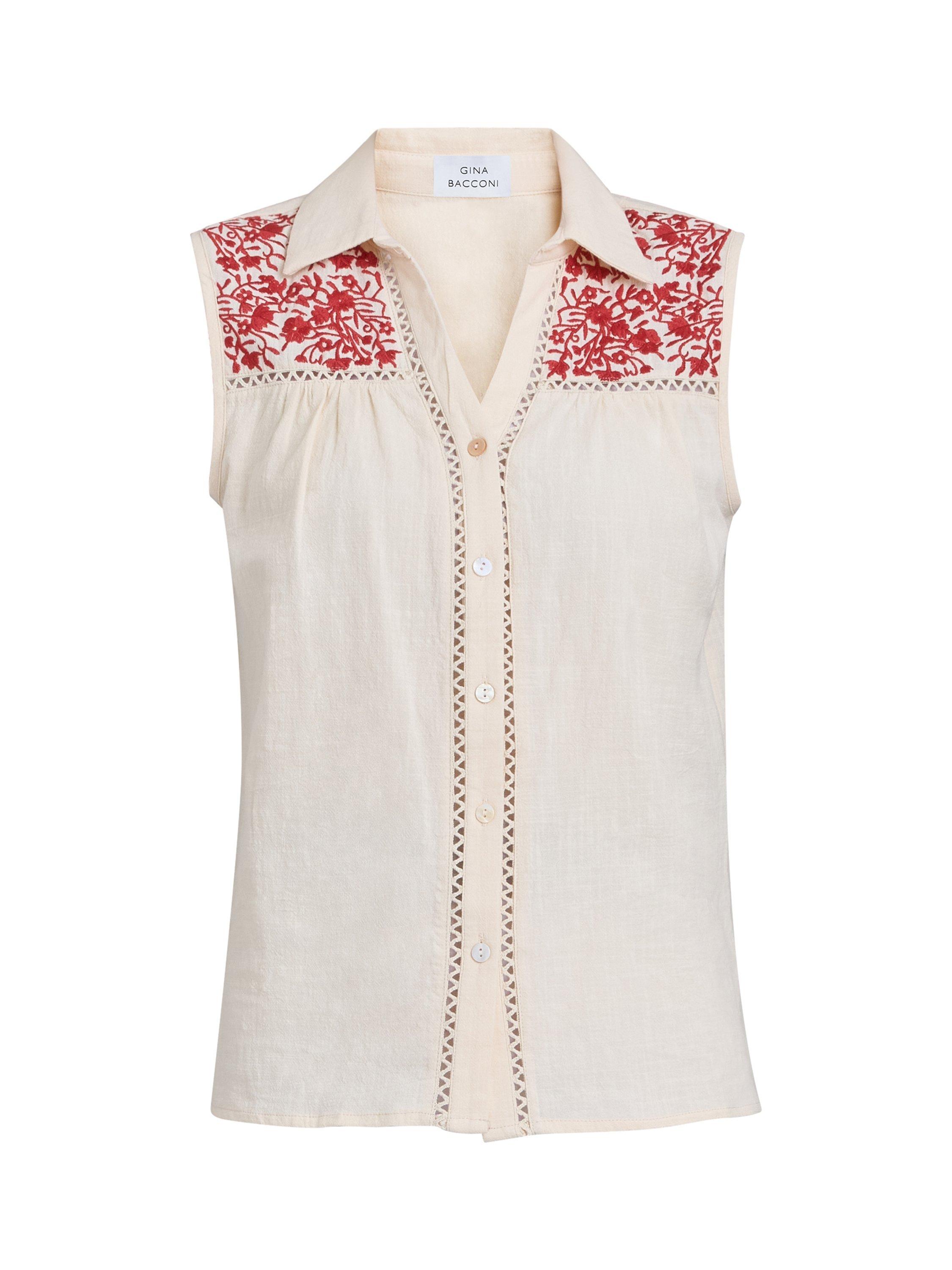 Product image 4 of 5, which shows Gina Bacconi Claude Embroidered Sleeveless Shirt, Beige, S-M