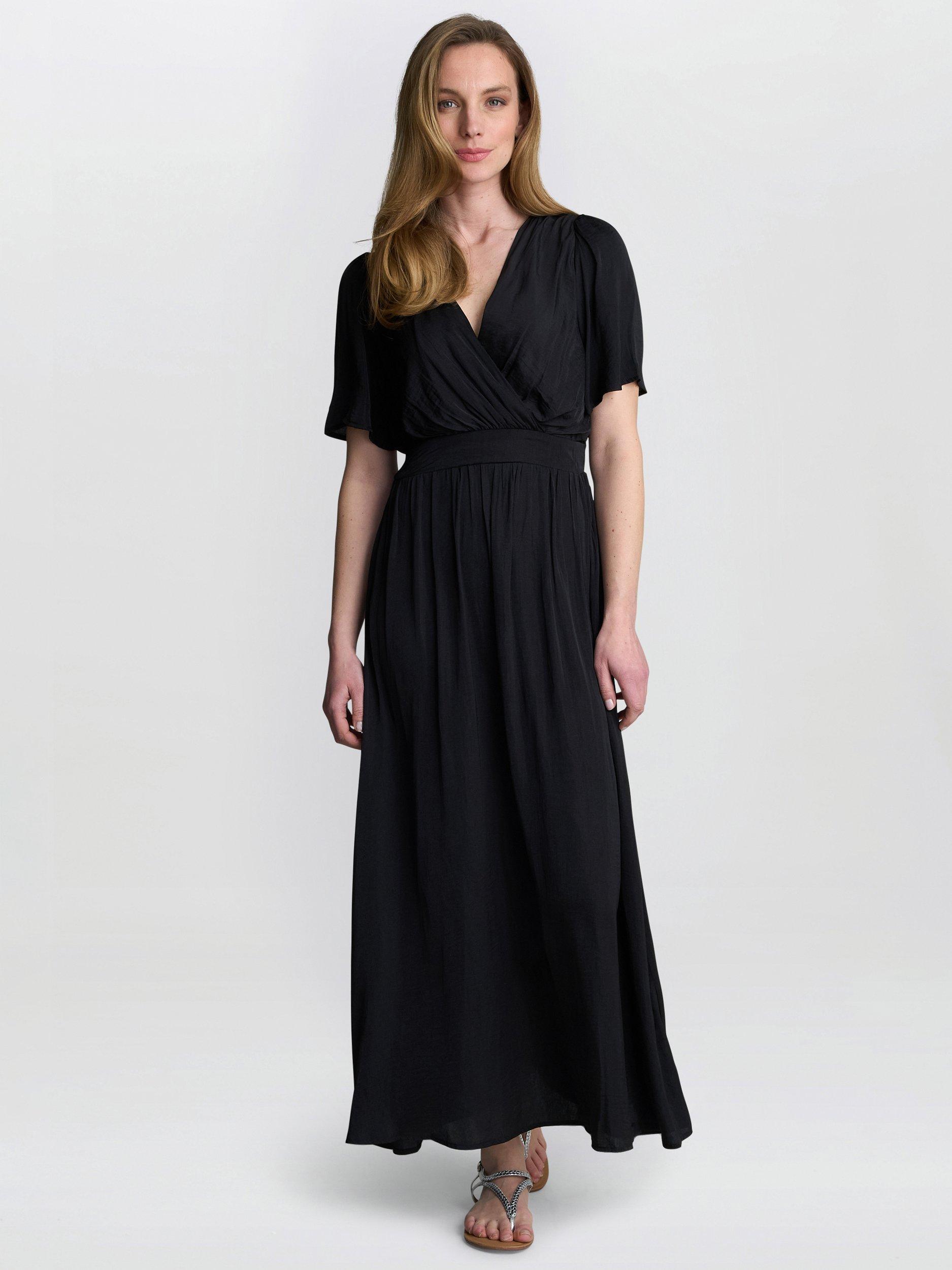 Product image 1 of 6, which shows Gina Bacconi Carole V-Neck Short Sleeved Maxi Dress, Black, S/M