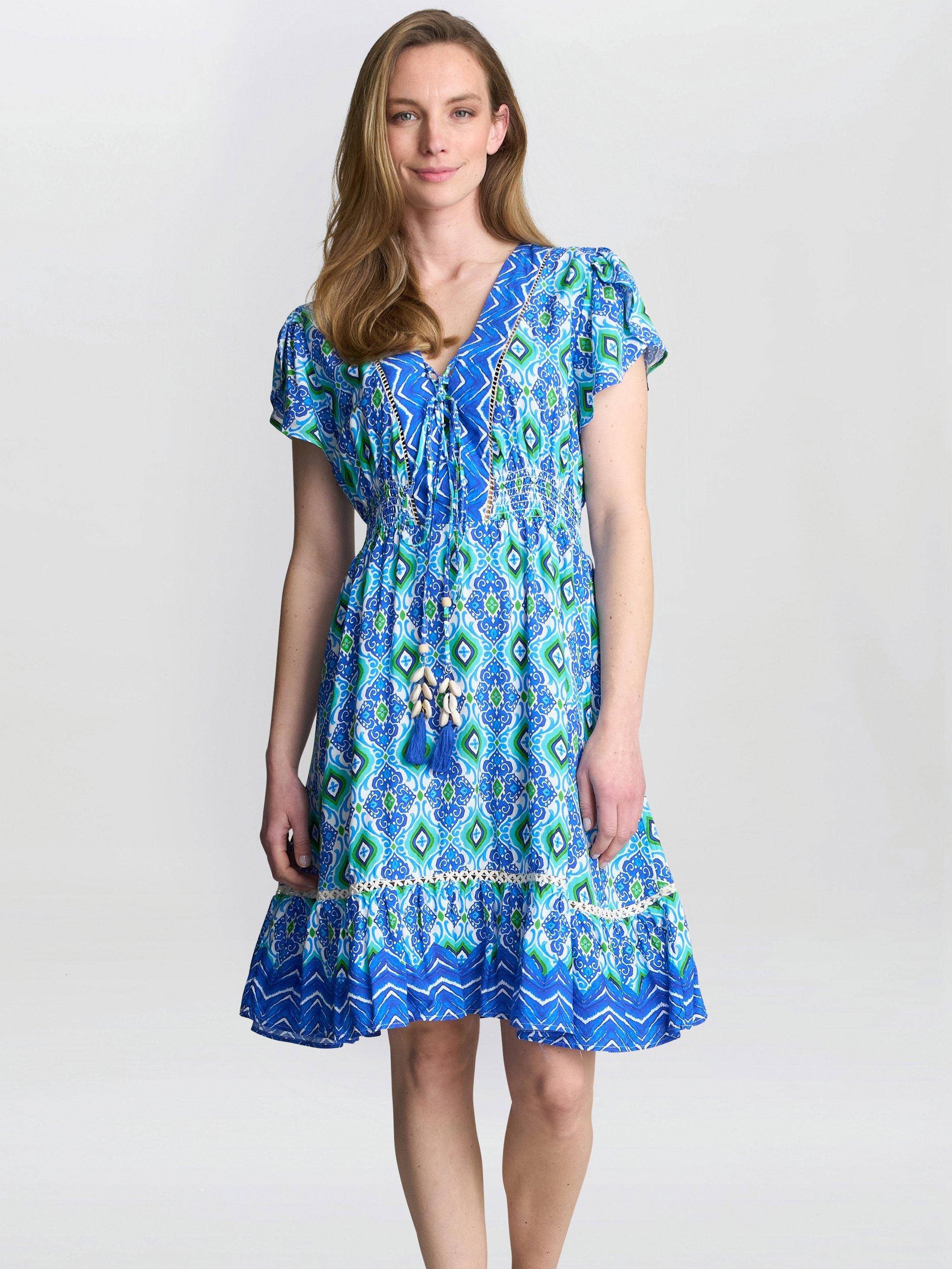 Product image 1 of 5, which shows Gina Bacconi Evana Geometric Dress, Blue/Green, S