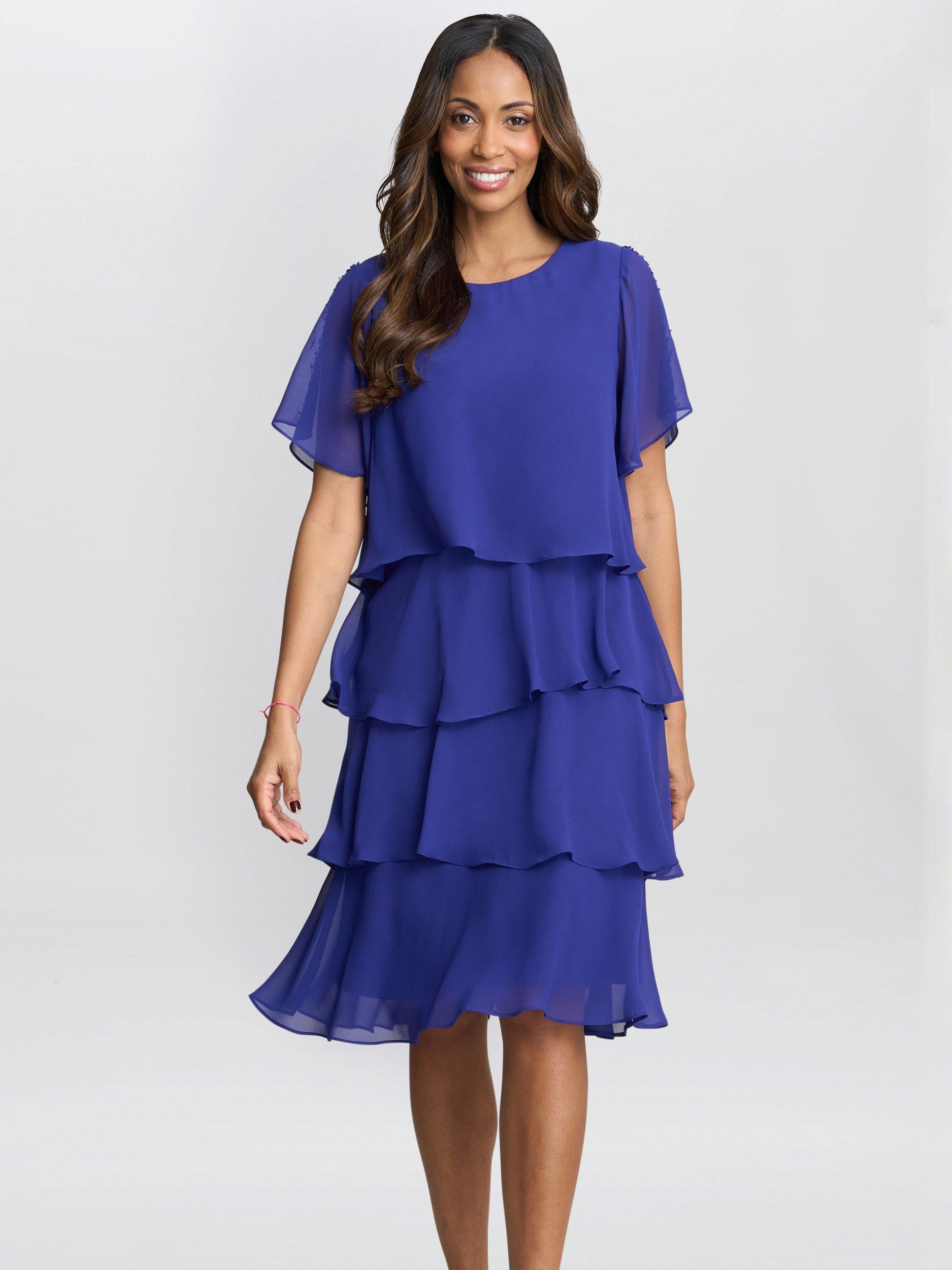 Product image 1 of 8, which shows Gina Bacconi Cherry Chiffon Tiered Dress, Iris, 10