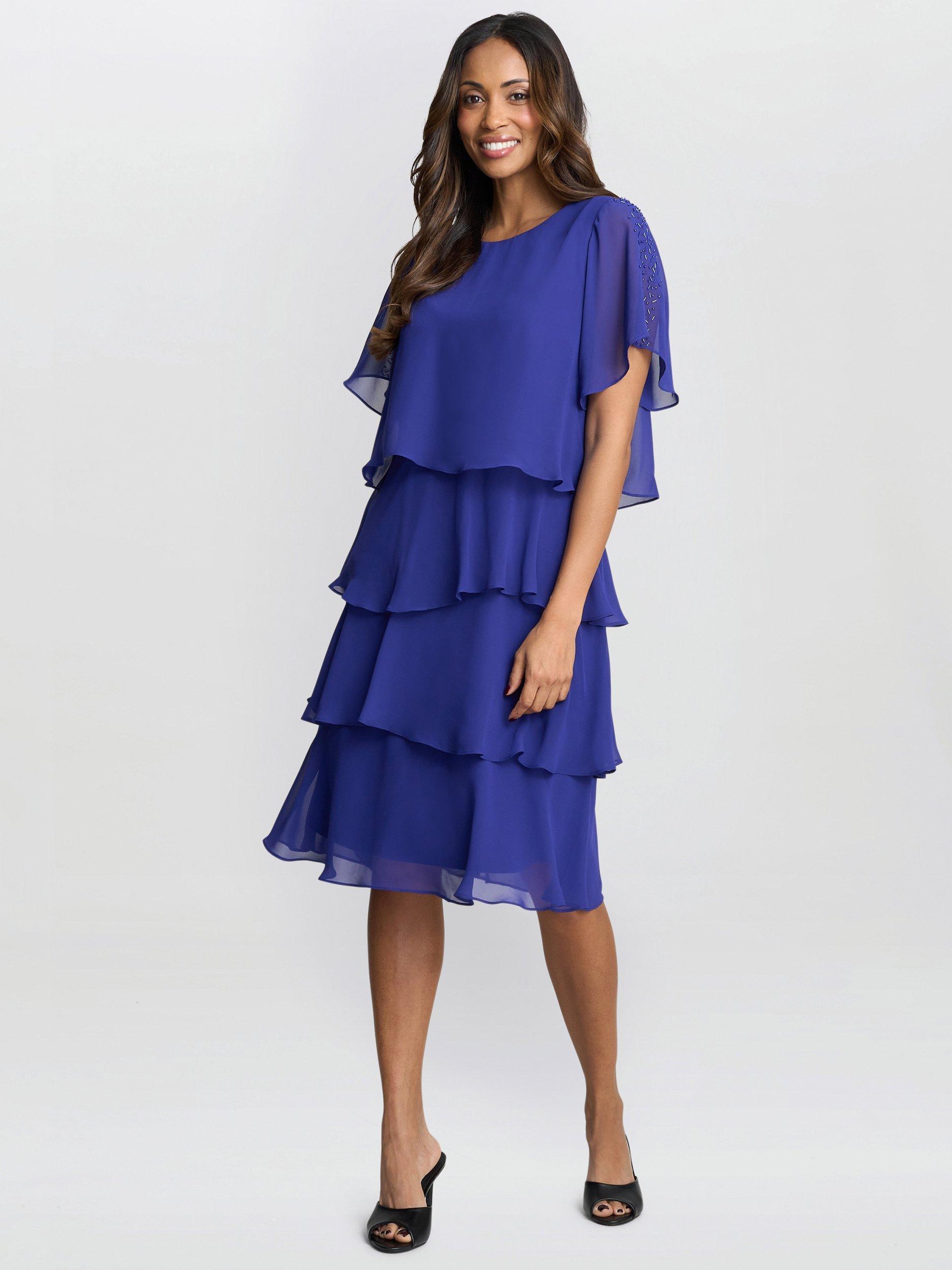 Product image 6 of 8, which shows Gina Bacconi Cherry Chiffon Tiered Dress, Iris, 10