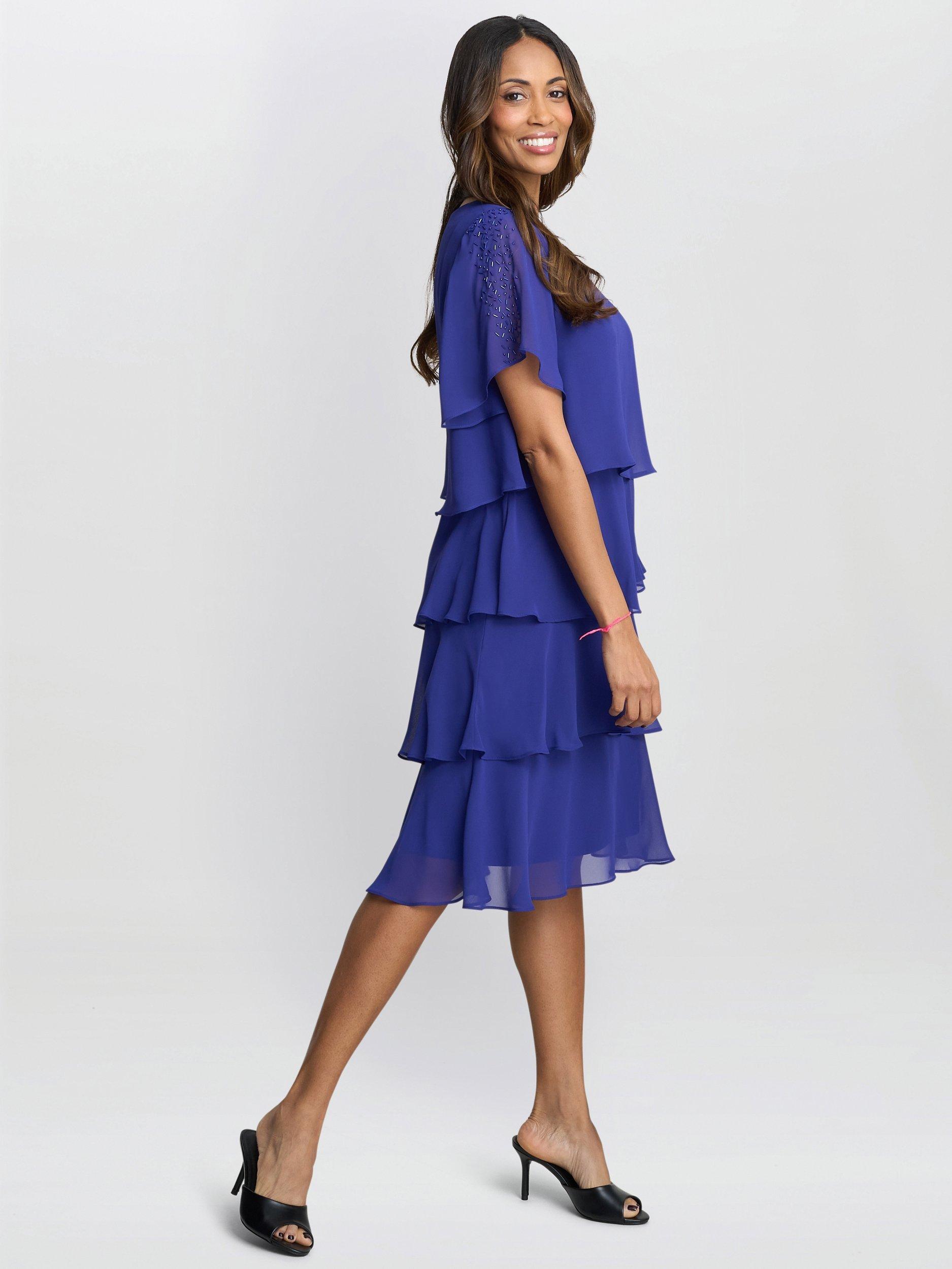 Product image 7 of 8, which shows Gina Bacconi Cherry Chiffon Tiered Dress, Iris, 10