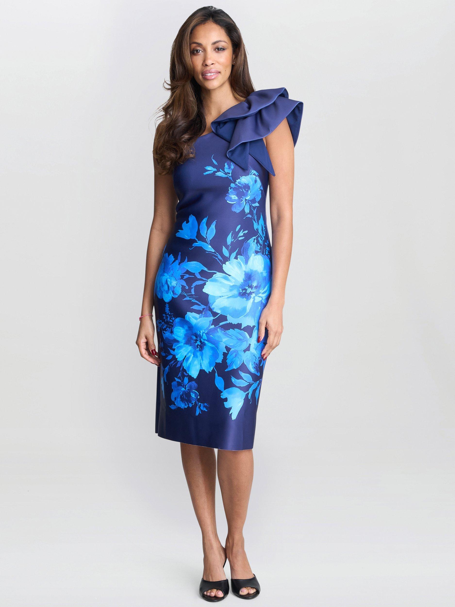 Product image 1 of 6, which shows Gina Bacconi Venus Floral One Shoulder Dress, New Blue, 10