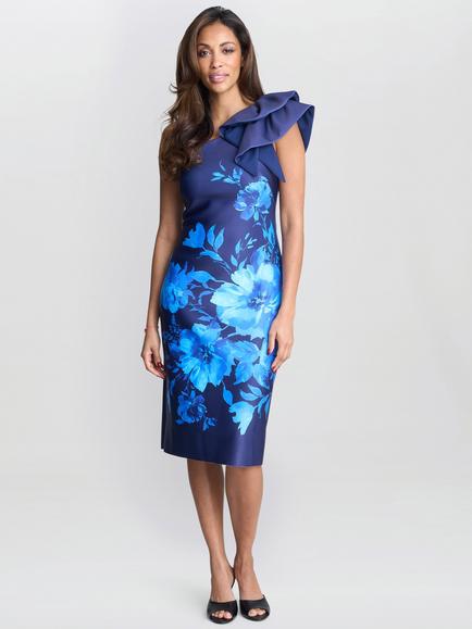 Gina Bacconi Venus Floral One Shoulder Dress, New Blue, New Blue