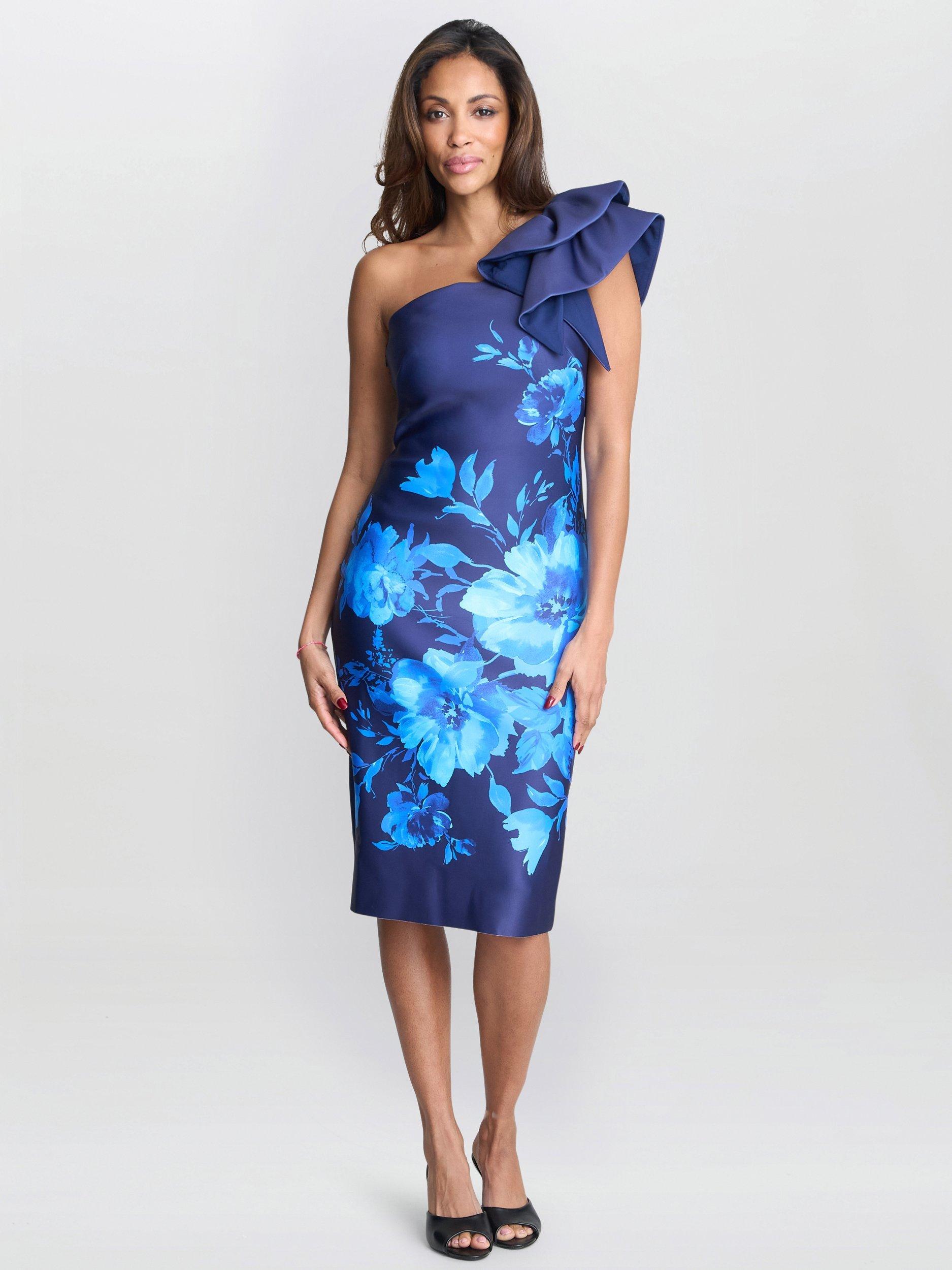 Product image 3 of 6, which shows Gina Bacconi Venus Floral One Shoulder Dress, New Blue, 10