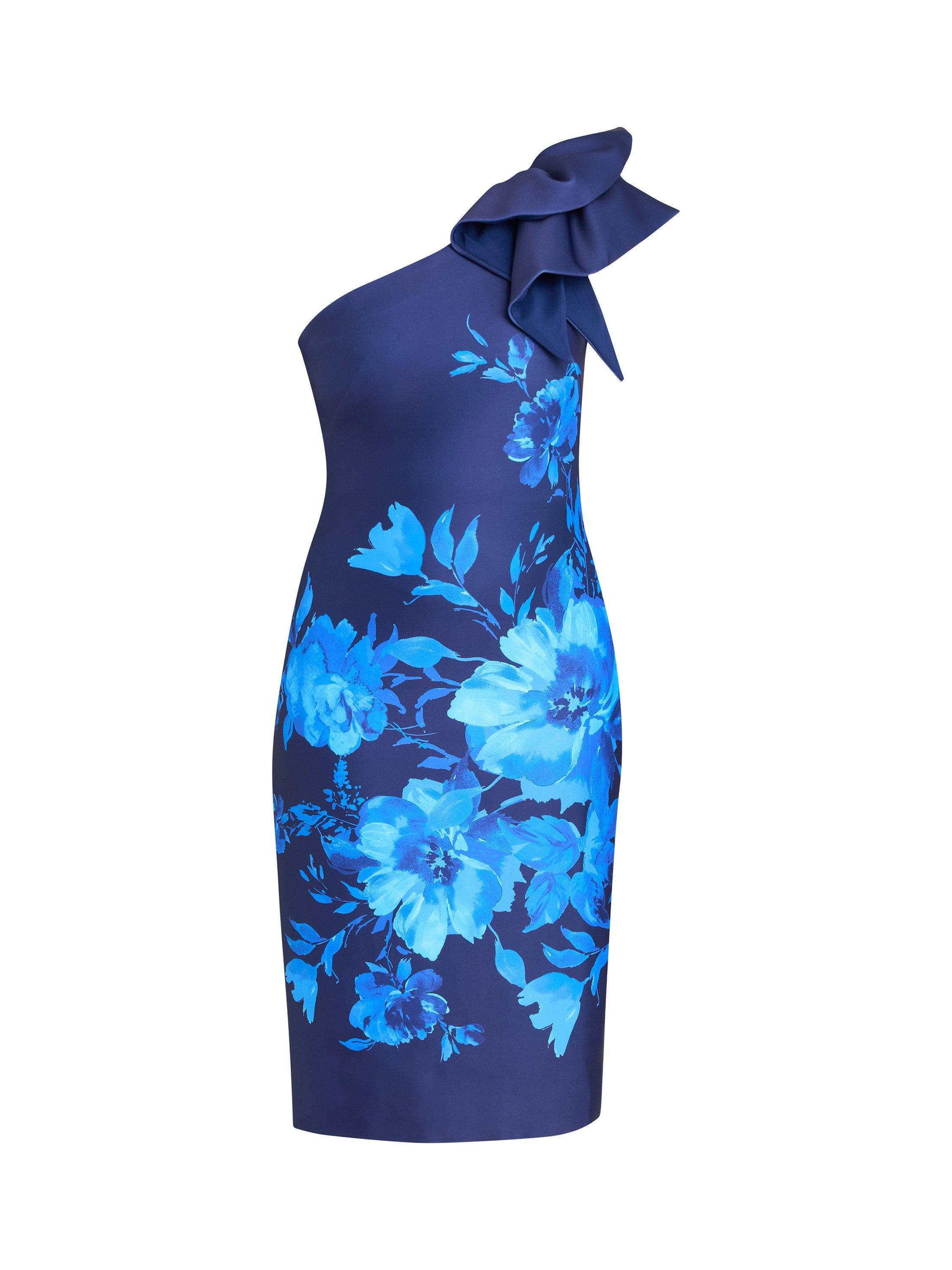 Product image 4 of 6, which shows Gina Bacconi Venus Floral One Shoulder Dress, New Blue, 10
