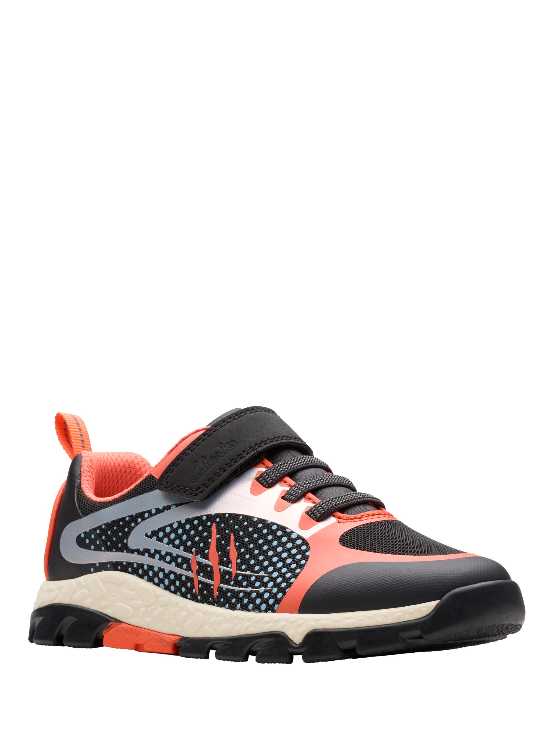 Product image 4 of 7, which shows Clarks Kids' Steggy2 Fly K Trainers, Black/Orange, 7 F Jnr