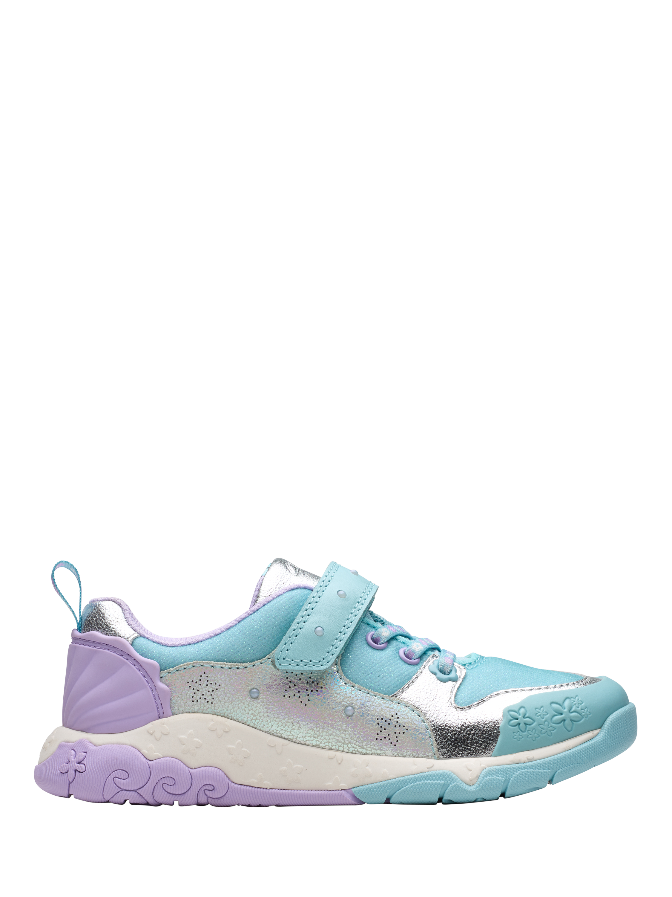 Product image 1 of 8, which shows Clarks Kids' Tidal Shell Leather Trainers, Light Blue Combi, 1.5 F
