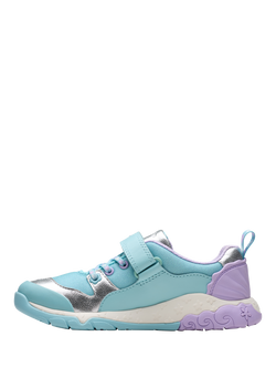 Clarks Kids' Tidal Shell Leather Trainers, Light Blue Combi - view 2, Light Blue Combi