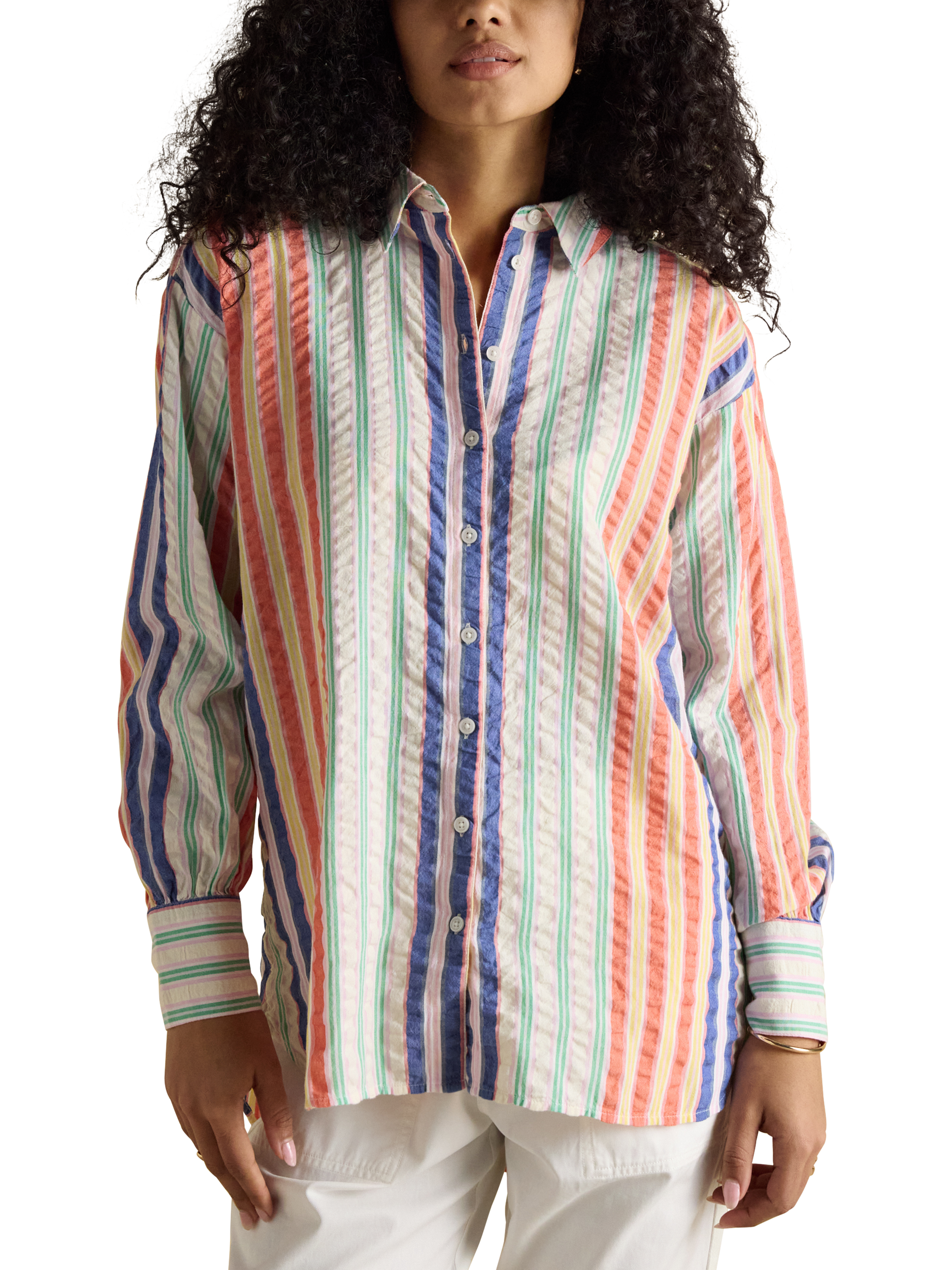 Joules Sara Stripe Crinkle Long Sleeve Shirt, Multi