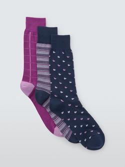 John Lewis Made in Italy Duck & Stripe Cotton Mix Socks, Pack of 3, Purple Multi, Purple Multi