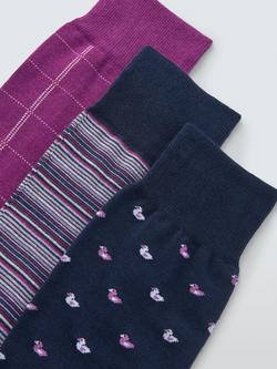 John Lewis Made in Italy Duck & Stripe Cotton Mix Socks, Pack of 3, Purple Multi - view 2, Purple Multi