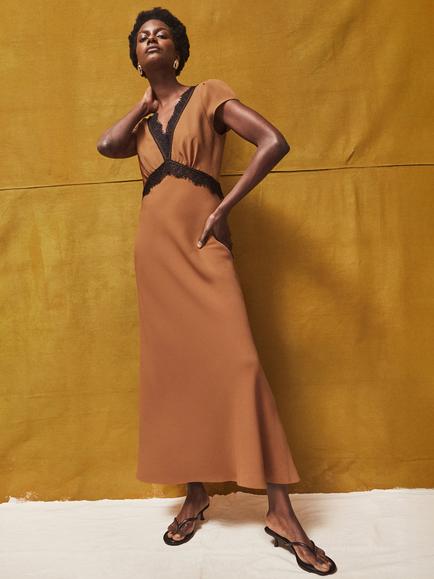 Ro&Zo Lace Trim A-Line Midi Dress, Brown