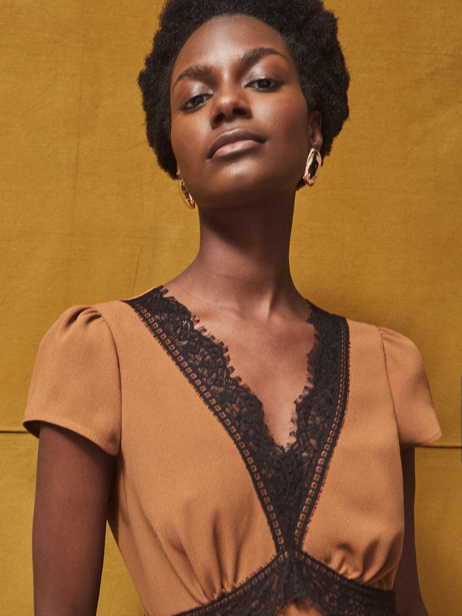 Product image 4 of 6, which shows Ro&Zo Lace Trim A-Line Midi Dress, Brown, 8