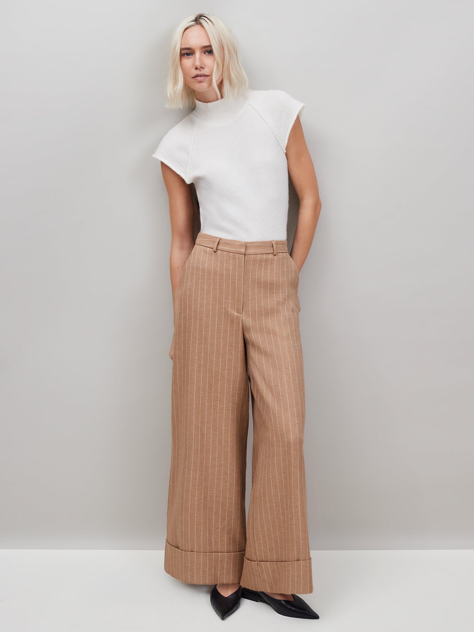 Product image 1 of 6, which shows Ro&Zo Pinstripe Wide Leg Trousers, Brown, 8