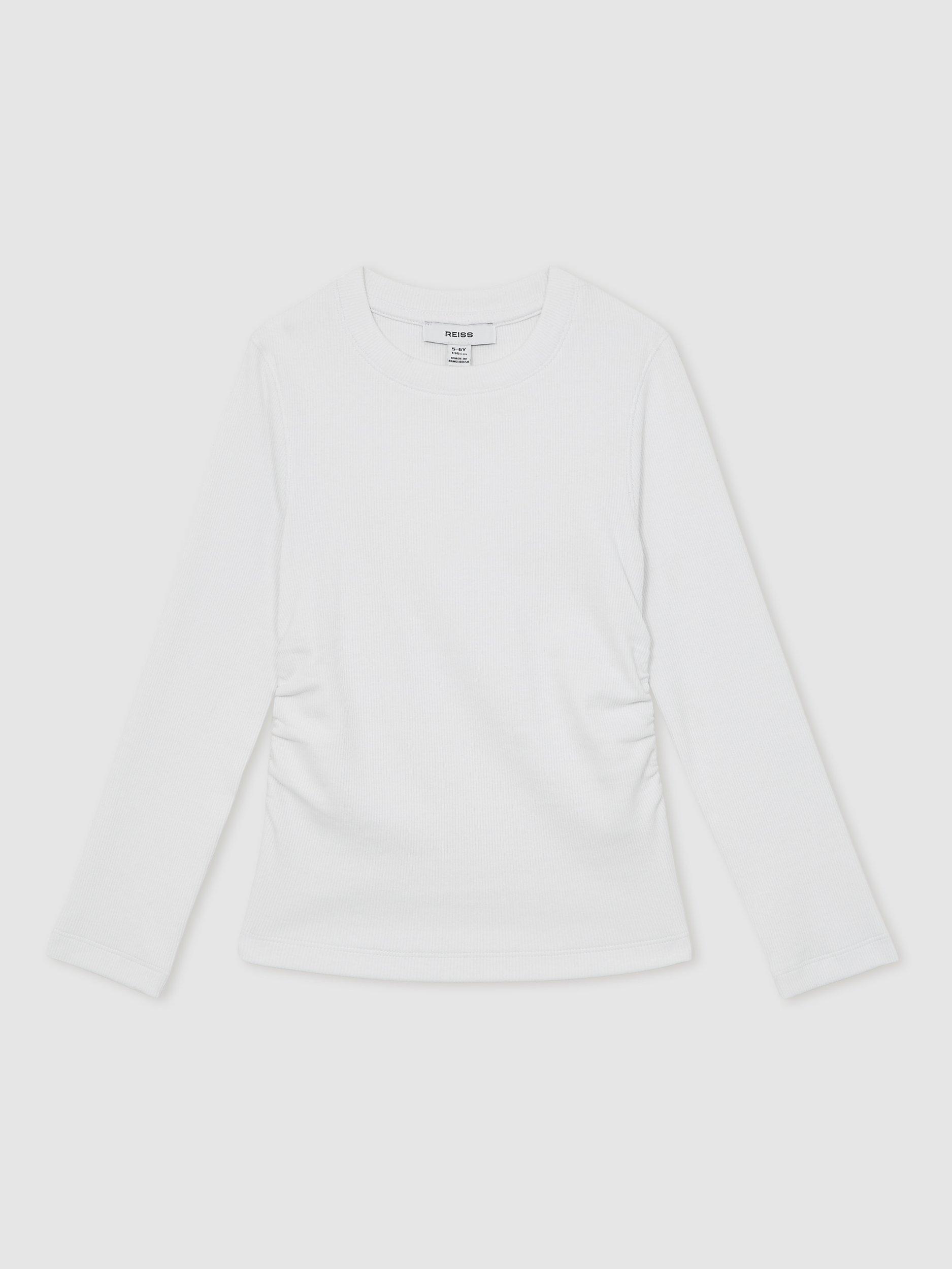 Product image 1 of 4, which shows Reiss Kids' Trina Long Sleeve Ruched Stretch Cotton T-Shirt, Ivory, 4-5 years
