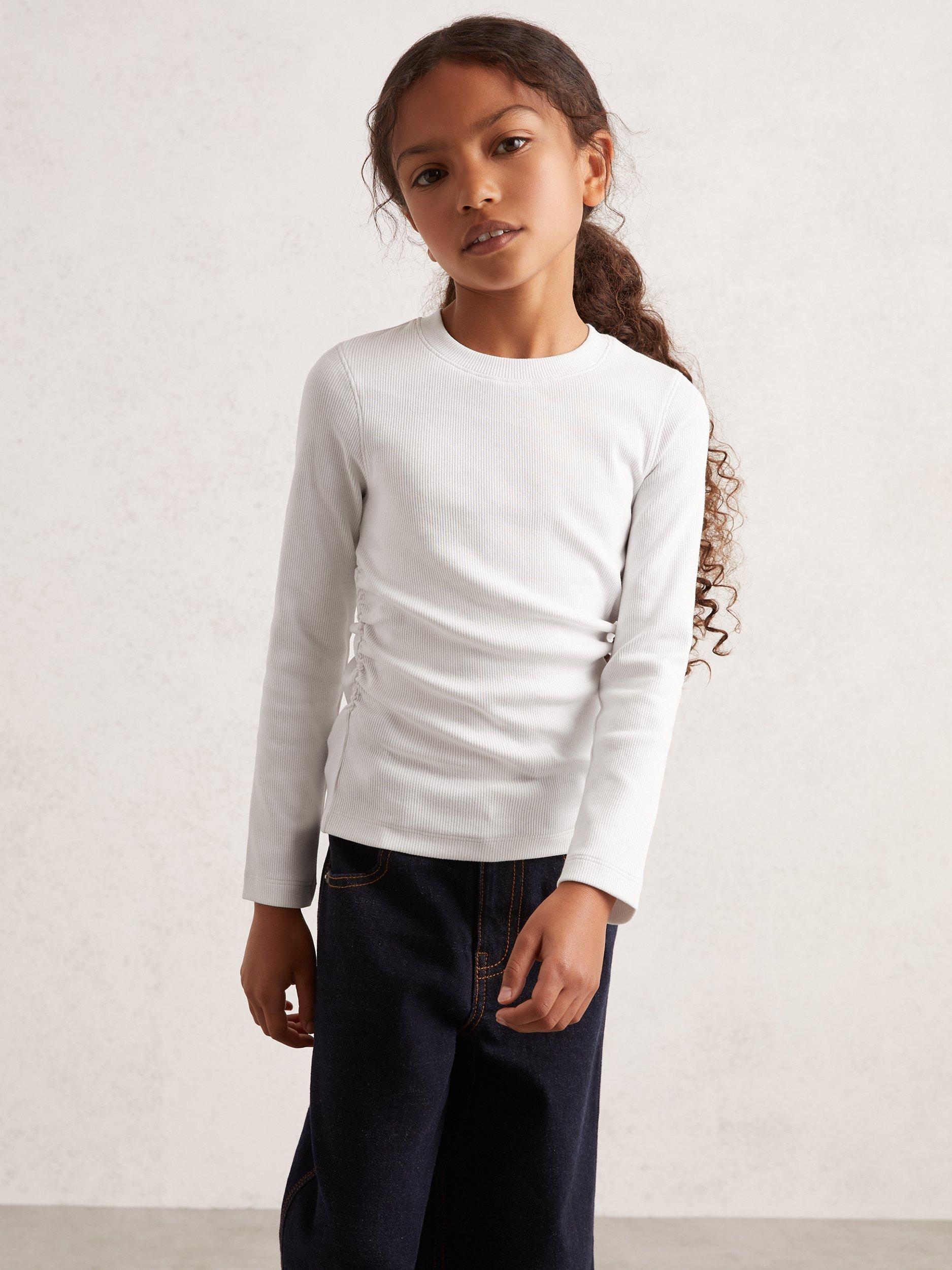 Product image 3 of 4, which shows Reiss Kids' Trina Long Sleeve Ruched Stretch Cotton T-Shirt, Ivory, 4-5 years