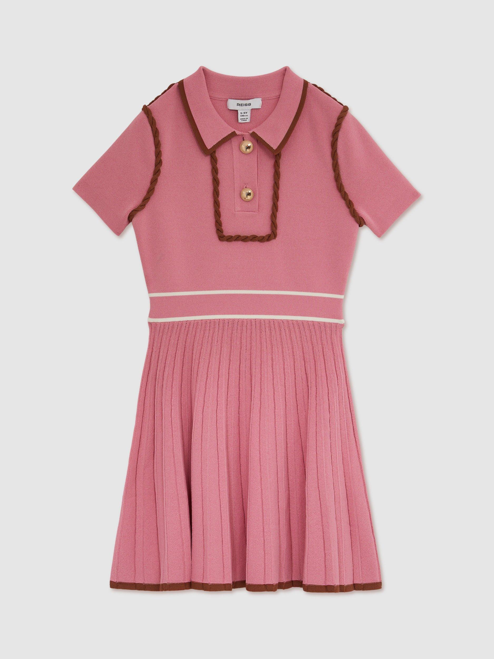 Product image 1 of 5, which shows Reiss Kids' Freeda Knitted Short Sleeved Pleated Dress, Pink, 3-4 years