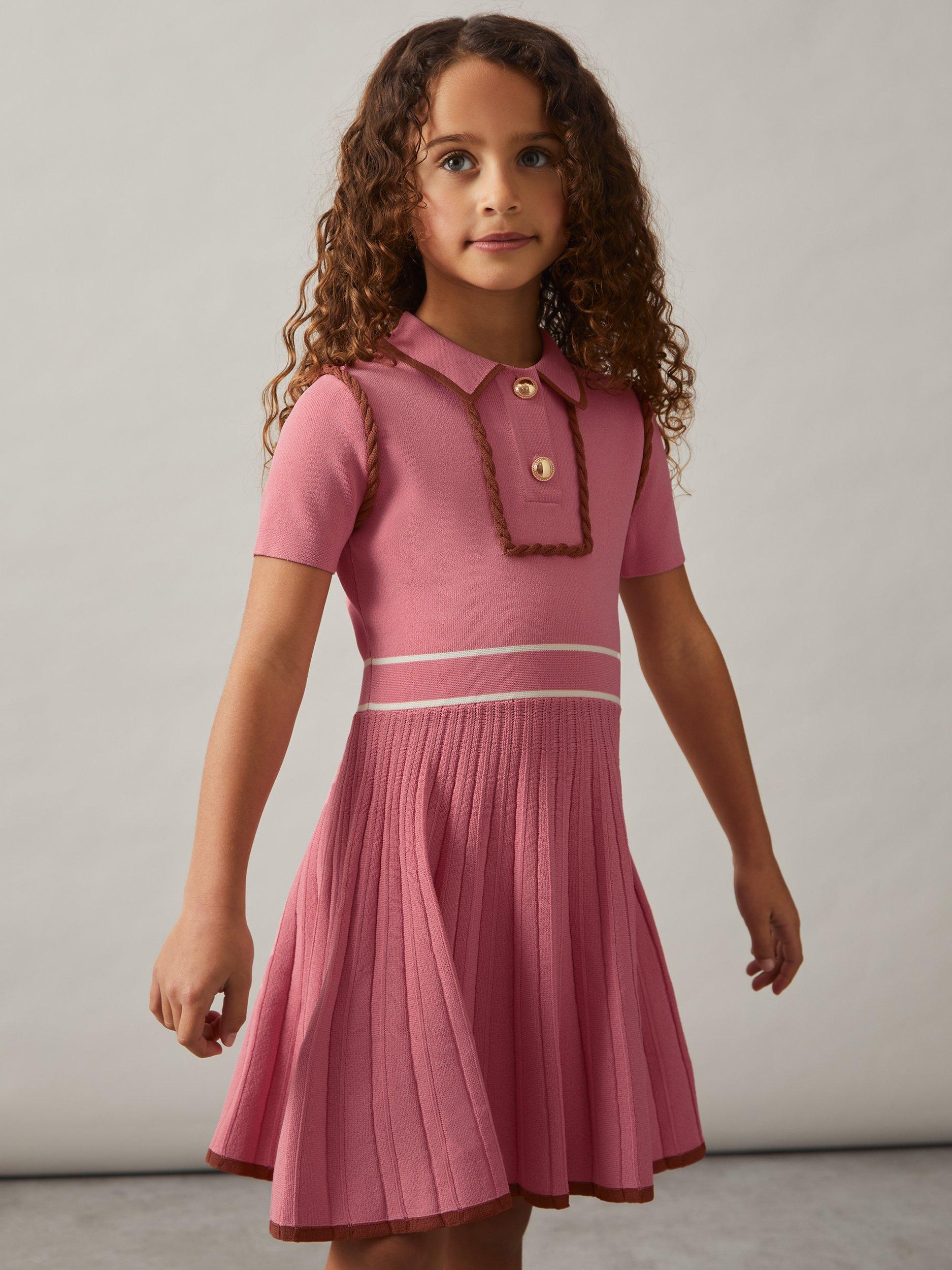 Product image 3 of 5, which shows Reiss Kids' Freeda Knitted Short Sleeved Pleated Dress, Pink, 3-4 years
