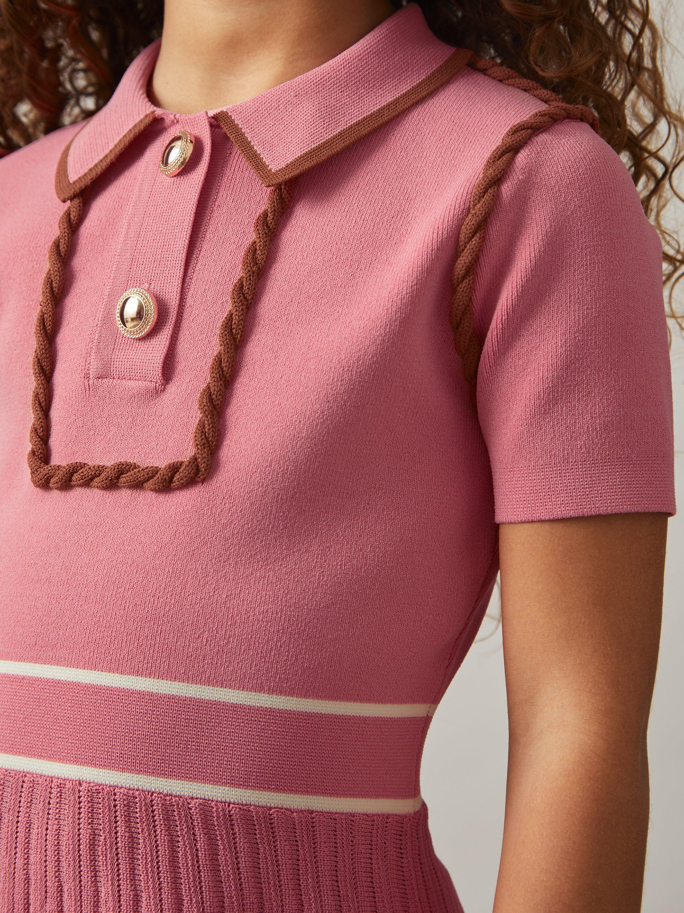Product image 4 of 5, which shows Reiss Kids' Freeda Knitted Short Sleeved Pleated Dress, Pink, 3-4 years