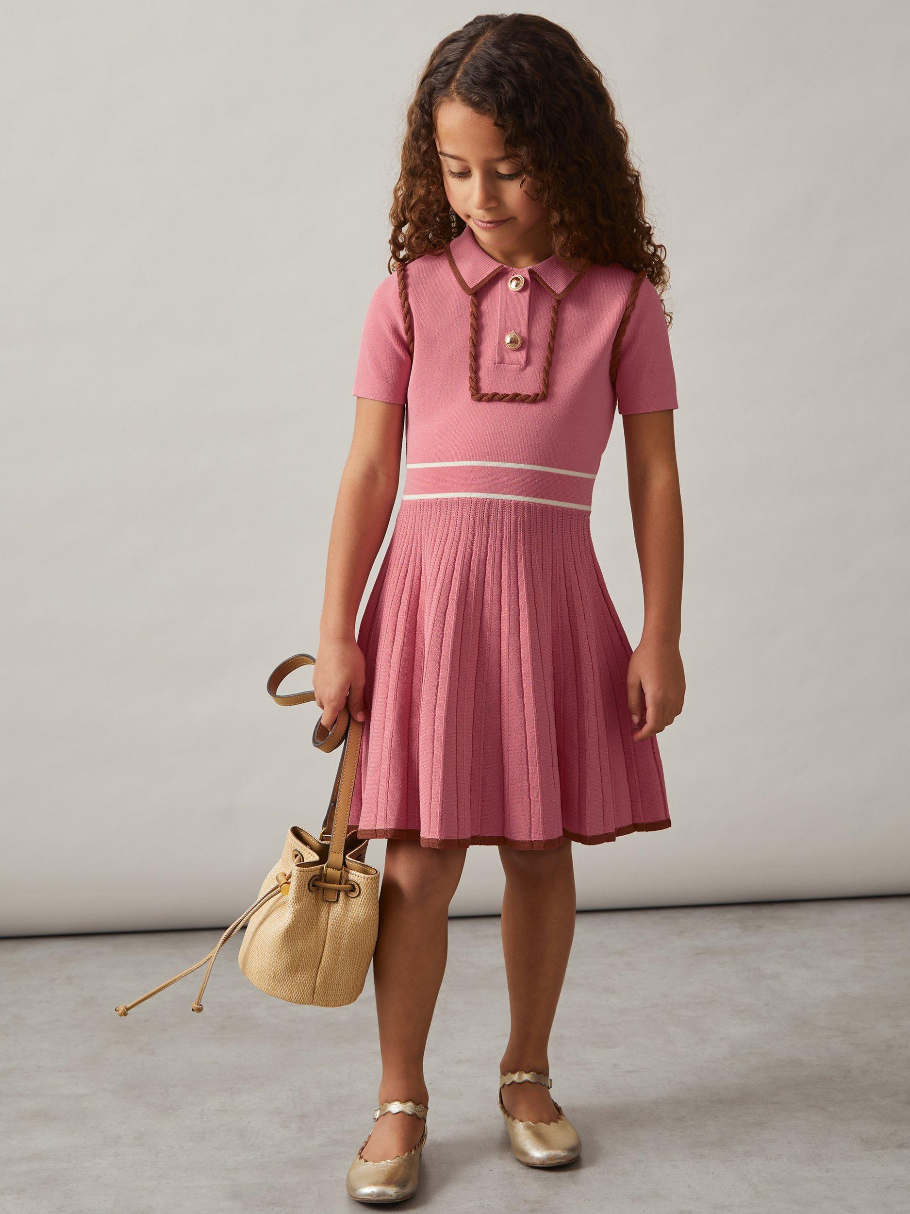Product image 5 of 5, which shows Reiss Kids' Freeda Knitted Short Sleeved Pleated Dress, Pink, 3-4 years