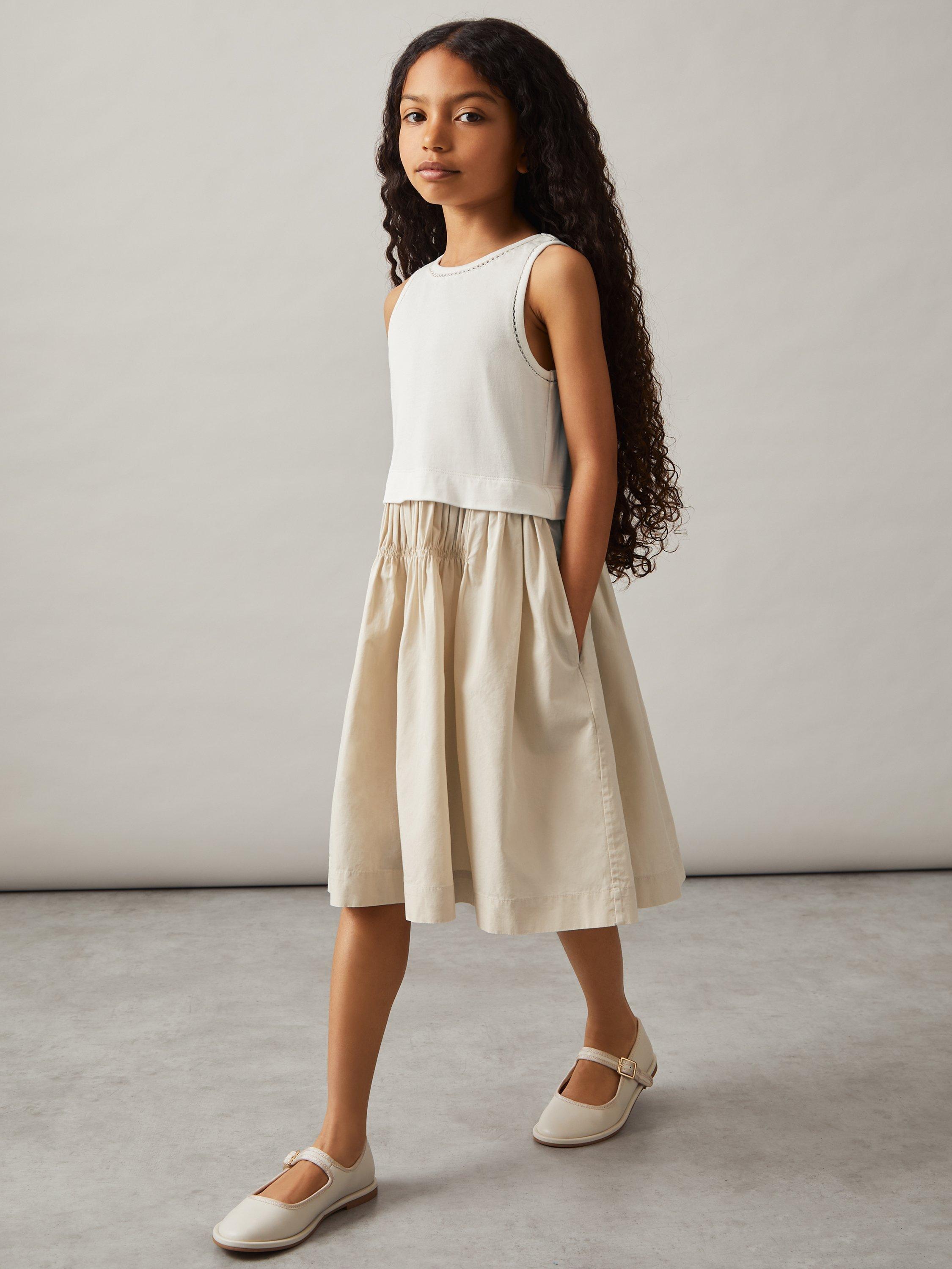 Product image 2 of 4, which shows Reiss Kids' Wren Sleeveless Layered Cotton Midi Dress, Neutral, 3-4 years