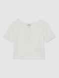 Reiss Kids' Margot Cotton Pointelle Knit Short Sleeved Top, Ivory