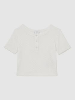 Reiss Kids' Margot Cotton Pointelle Knit Short Sleeved Top, Ivory, Ivory