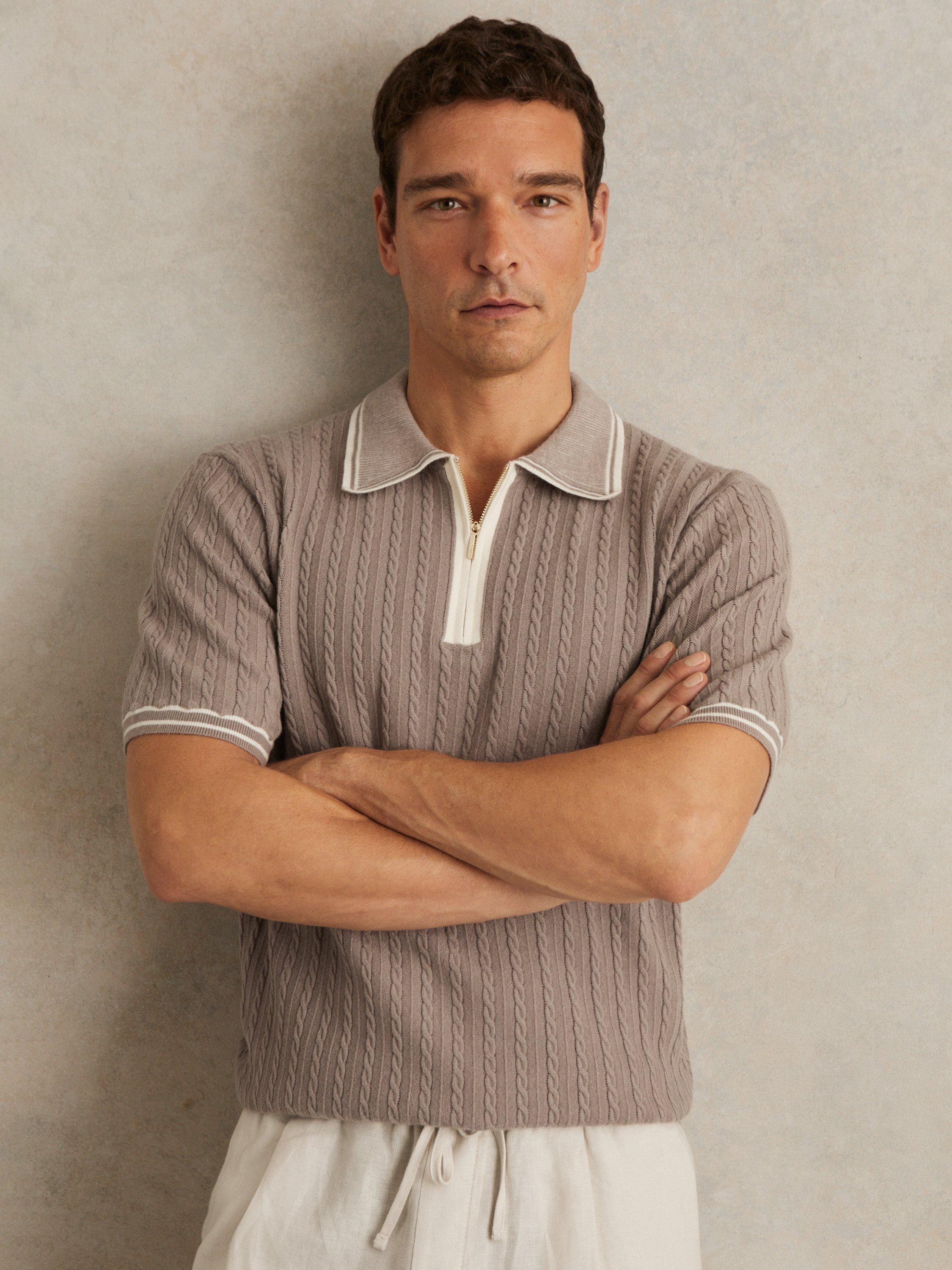 Product image 1 of 5, which shows Reiss Jarvis Knitted Polo Shirt, Light Taupe Brown, XS