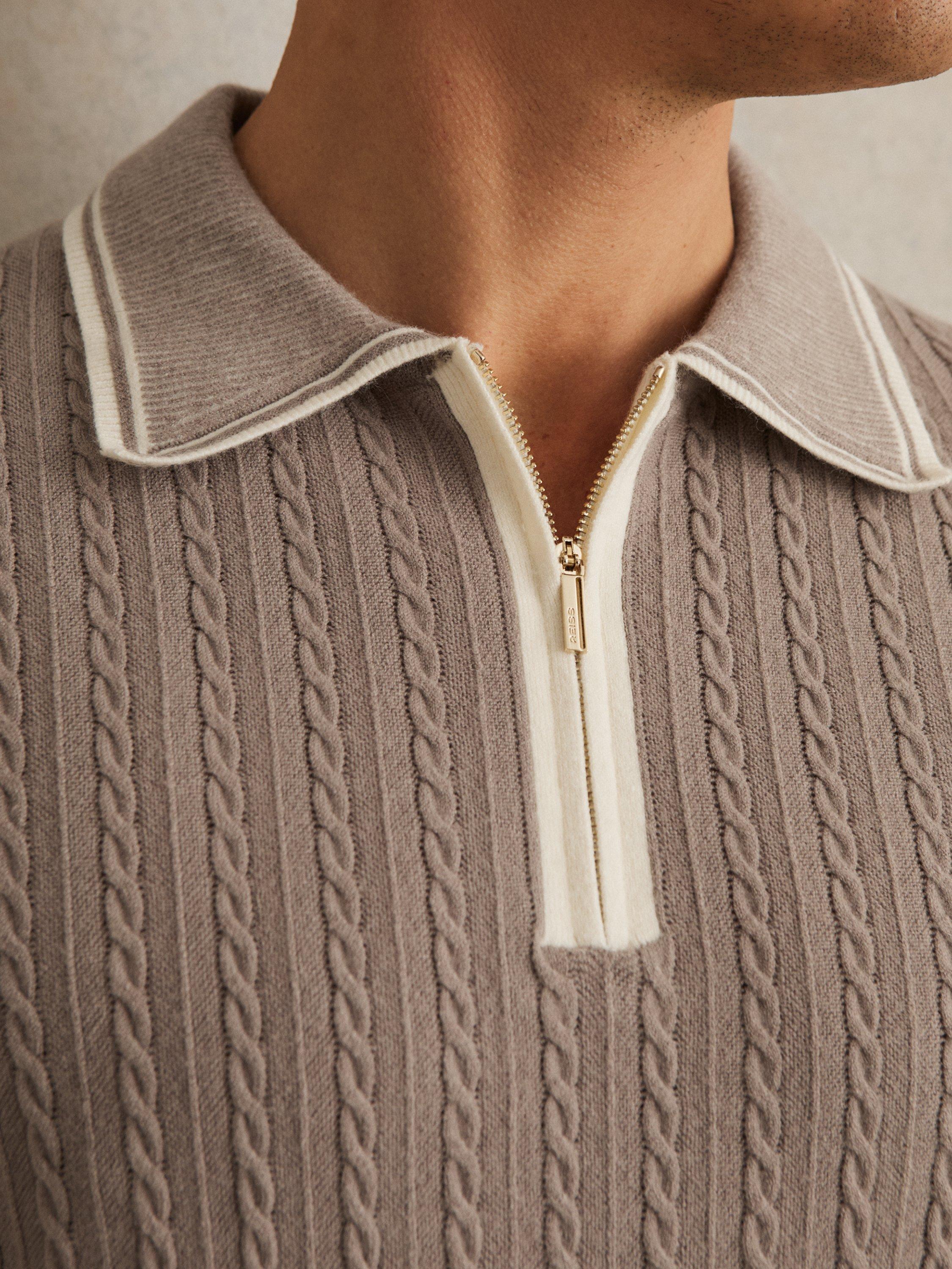 Product image 5 of 5, which shows Reiss Jarvis Knitted Polo Shirt, Light Taupe Brown, XS
