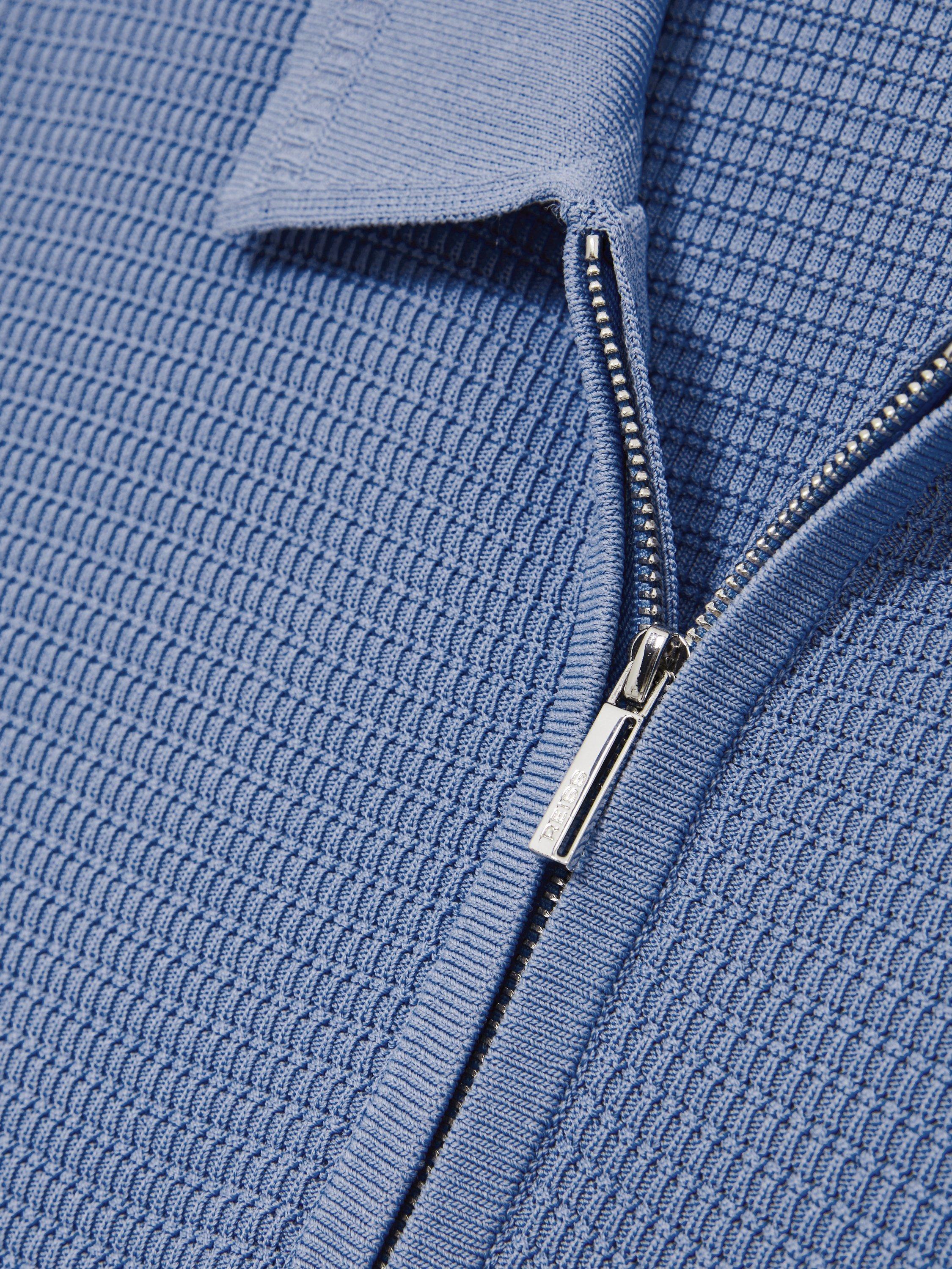 Product image 2 of 5, which shows Reiss Regis Textured Zip Up Polo Shirt, Blue, XS