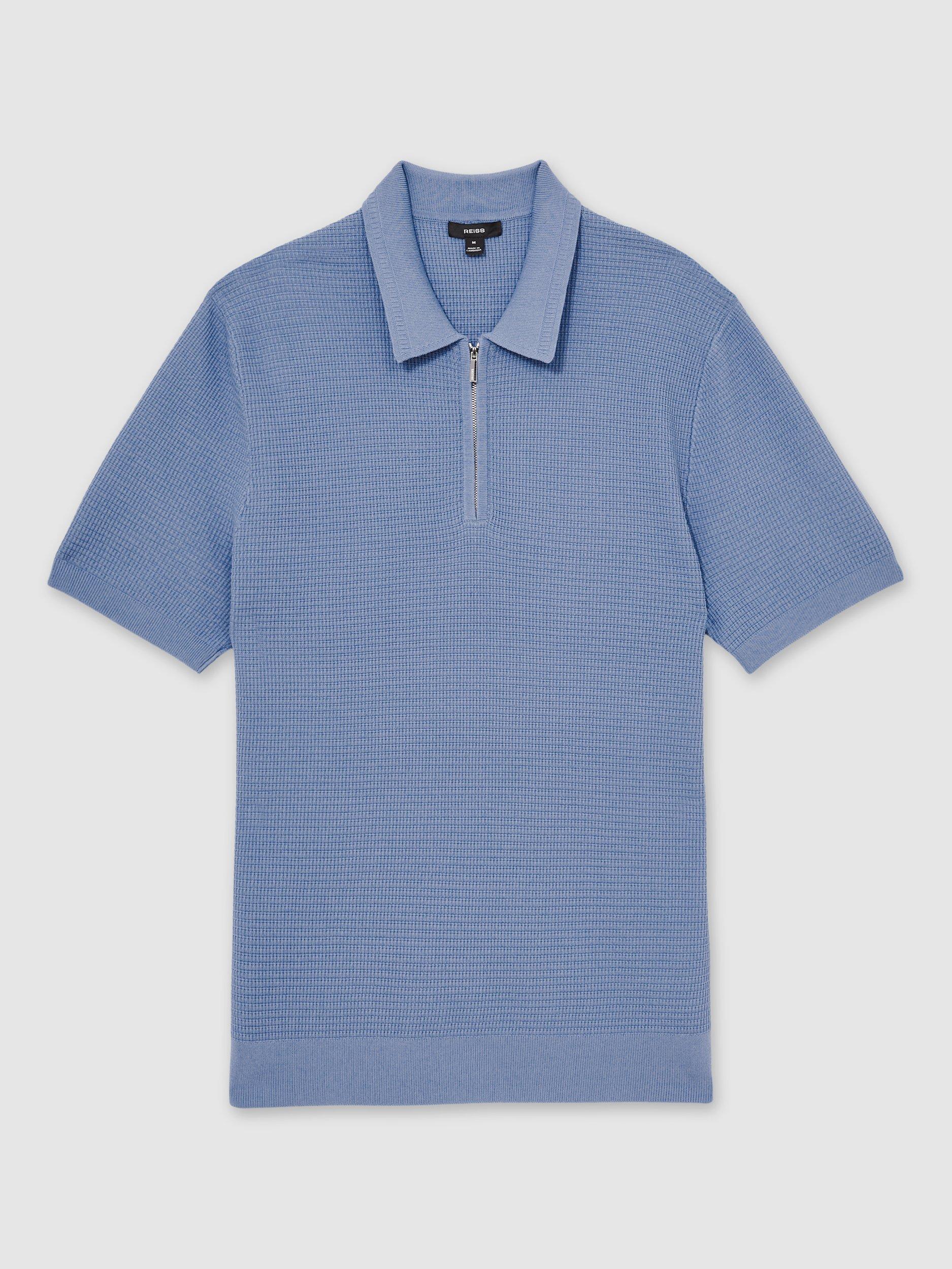 Product image 3 of 5, which shows Reiss Regis Textured Zip Up Polo Shirt, Blue, XS