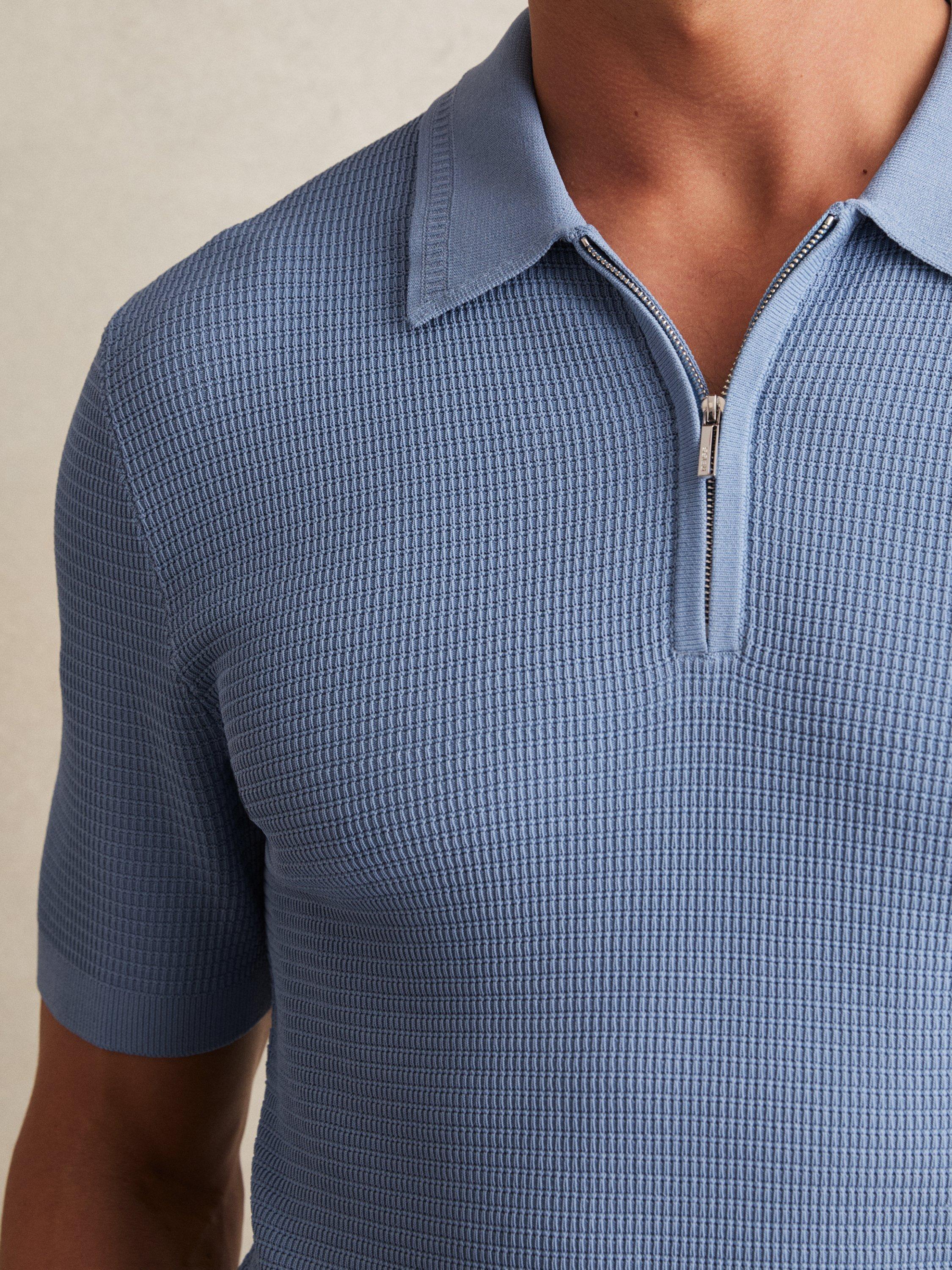 Product image 4 of 5, which shows Reiss Regis Textured Zip Up Polo Shirt, Blue, XS