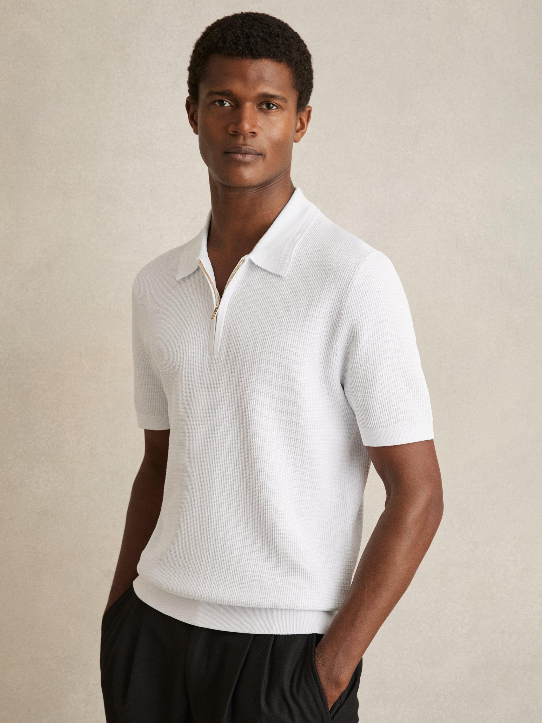 Product image 1 of 5, which shows Reiss Regis Textured Zip Up Polo Shirt, White, XS