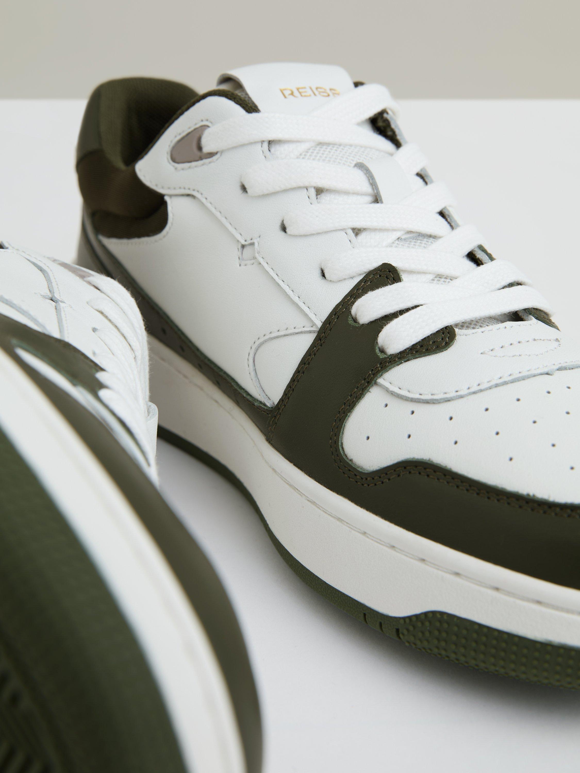 Product image 2 of 5, which shows Reiss Astor Leather Colour Block Trainers, Khaki/White, 3