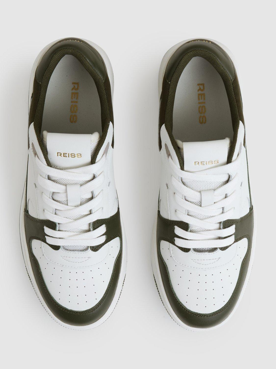 Product image 4 of 5, which shows Reiss Astor Leather Colour Block Trainers, Khaki/White, 3