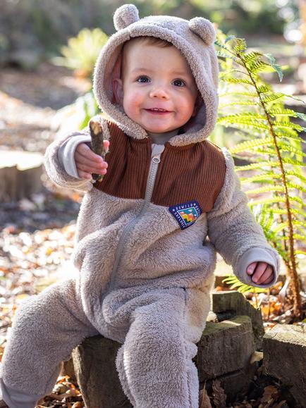 Frugi Kids' Corduroy Snuggle Suit, Twig/Teddy Bear - view 2, Twig/Teddy Bear