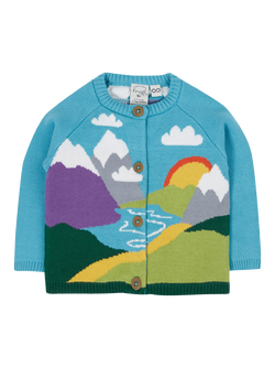 Frugi Baby Reva Knitted Cardigan, Blue/Mountain Scene, Blue/Mountain Scene