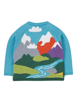 Frugi Baby Reva Knitted Cardigan, Blue/Mountain Scene - view 2, Blue/Mountain Scene