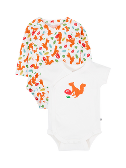 Frugi Baby Squirrel Wrap Bodysuits, Pack of 2, Squirrel Play/White, Squirrel Play/White