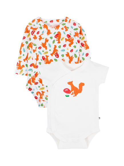Frugi Baby Squirrel Wrap Bodysuits, Pack of 2, Squirrel Play/White, Squirrel Play/White
