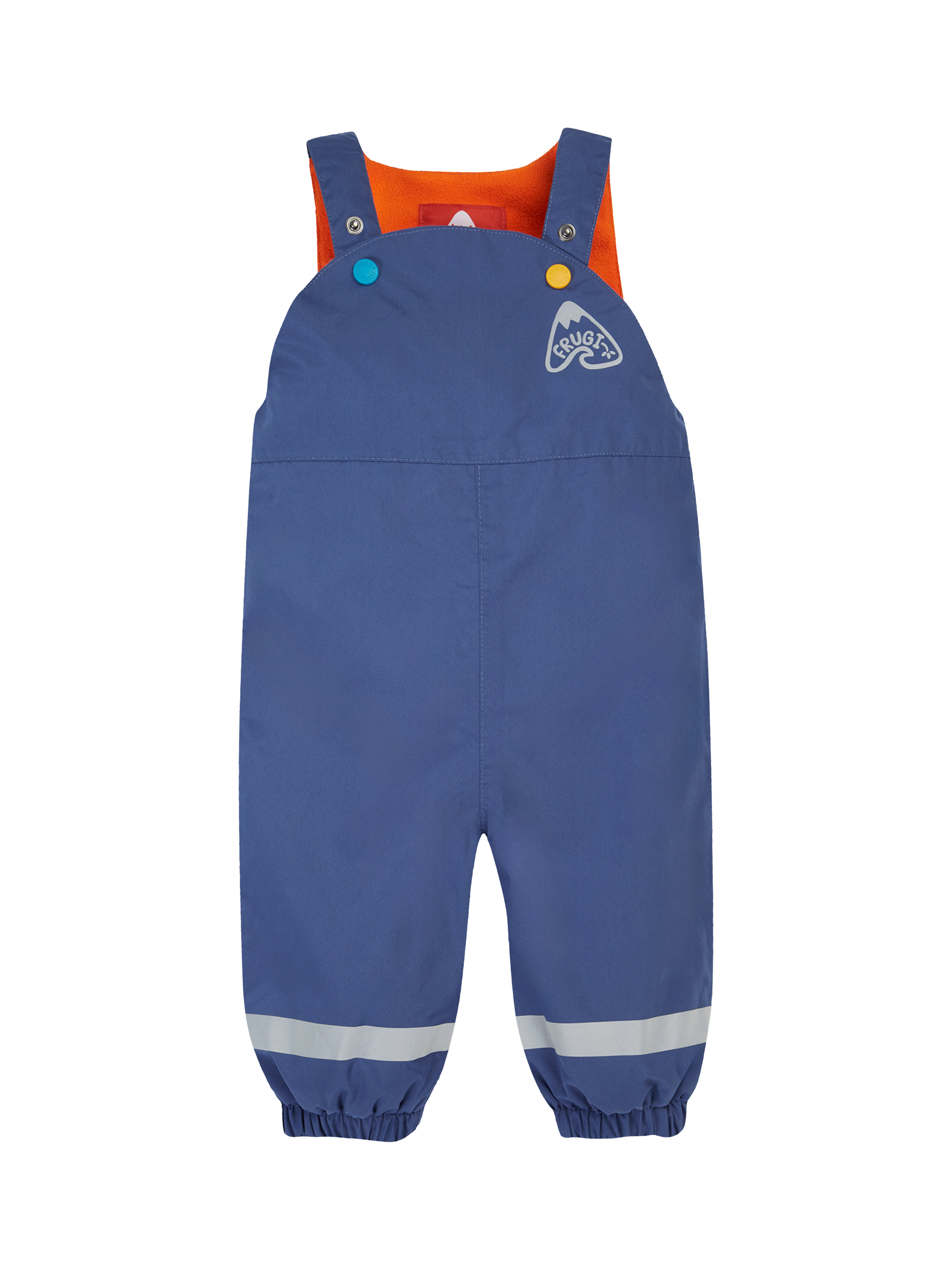 Product image 1 of 6, which shows Frugi's Little Waterproof Dungarees, Navy Blue, 6-9 months