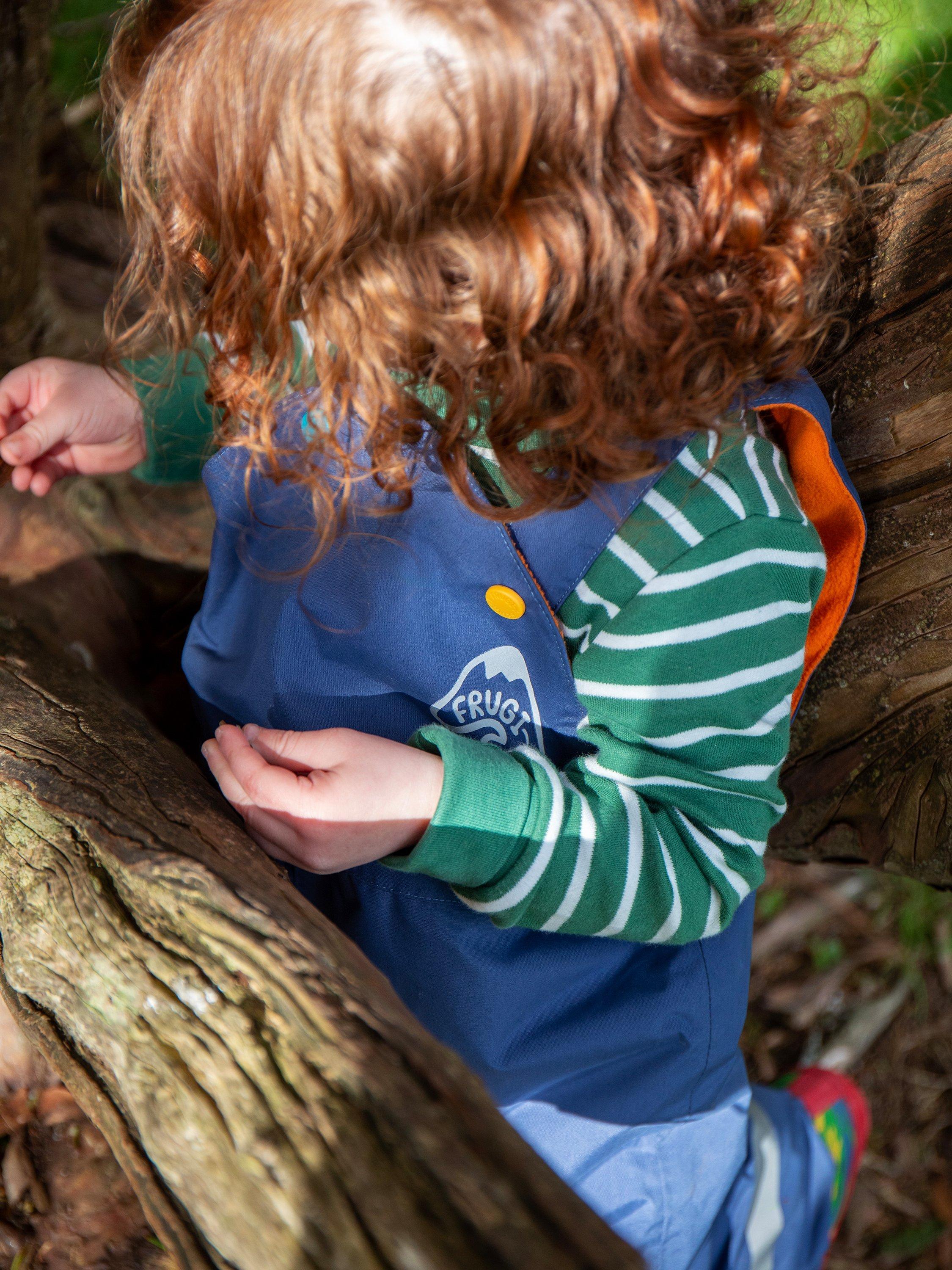 Product image 4 of 6, which shows Frugi's Little Waterproof Dungarees, Navy Blue, 6-9 months