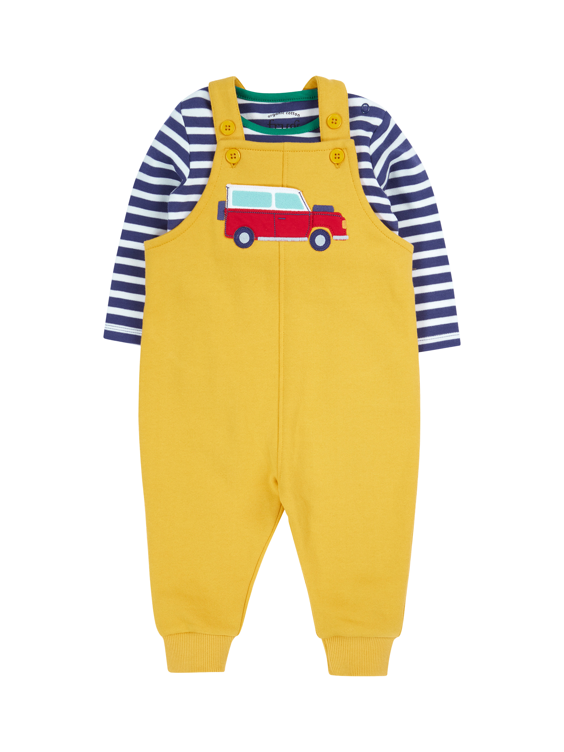 Product image 1 of 3, which shows Frugi Kids' Cotton Dungaree Set, Bumblebee/Vehicle, 0-3 months