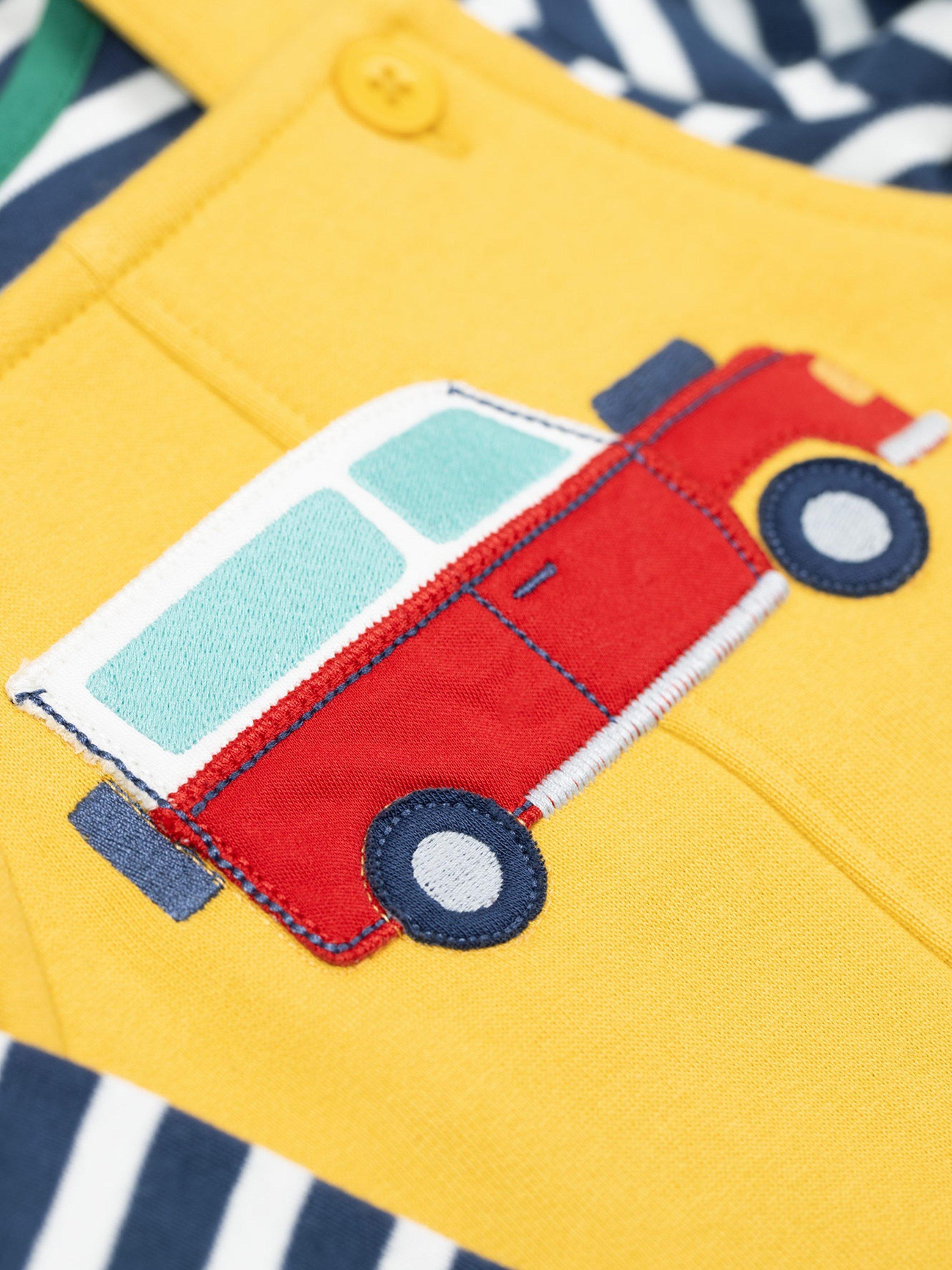 Product image 3 of 3, which shows Frugi Kids' Cotton Dungaree Set, Bumblebee/Vehicle, 0-3 months