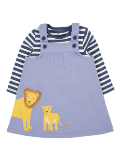 Frugi Baby Pippa Organic Cotton Pinafore and Long Sleeve T-Shirt Set, Navy Str/Grape/Lion